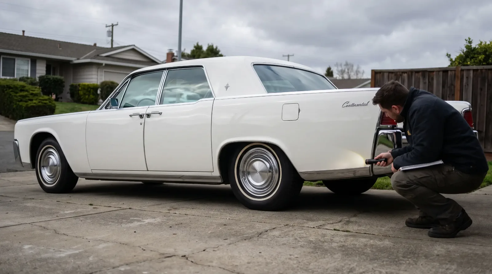 Owner checking the paint and chrome trim of a white 1964 Lincoln Continental with a flashlight