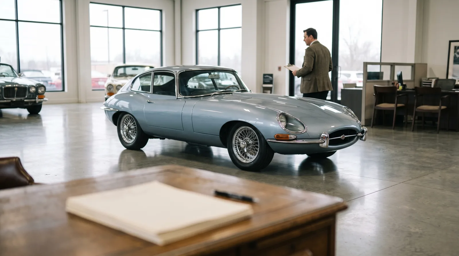 1968 Jaguar E-Type coupe, on a dealer showroom floor at consignment intake