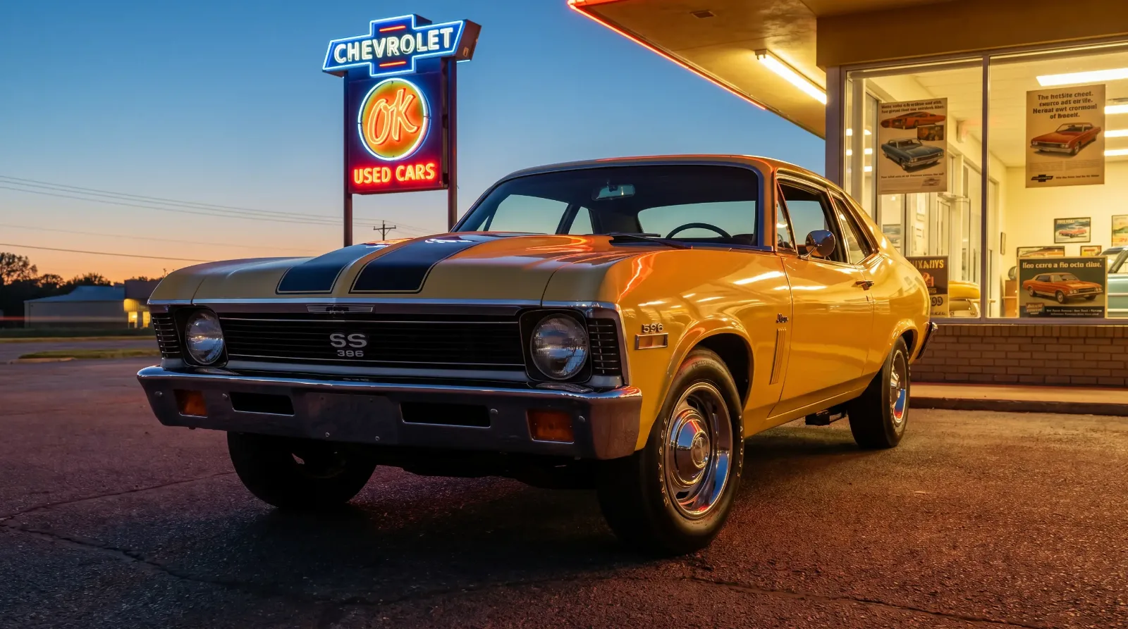 1968 Chevrolet Nova SS 396 COPO in yellow parked outside a period dealership at dusk