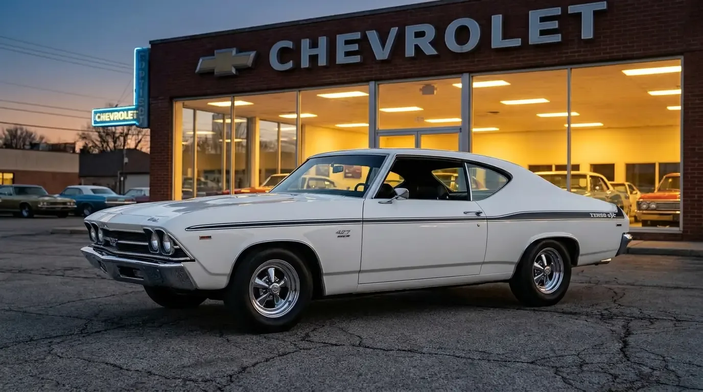 1969 Chevrolet Chevelle COPO 427 with Yenko stripes outside a dealership at dusk