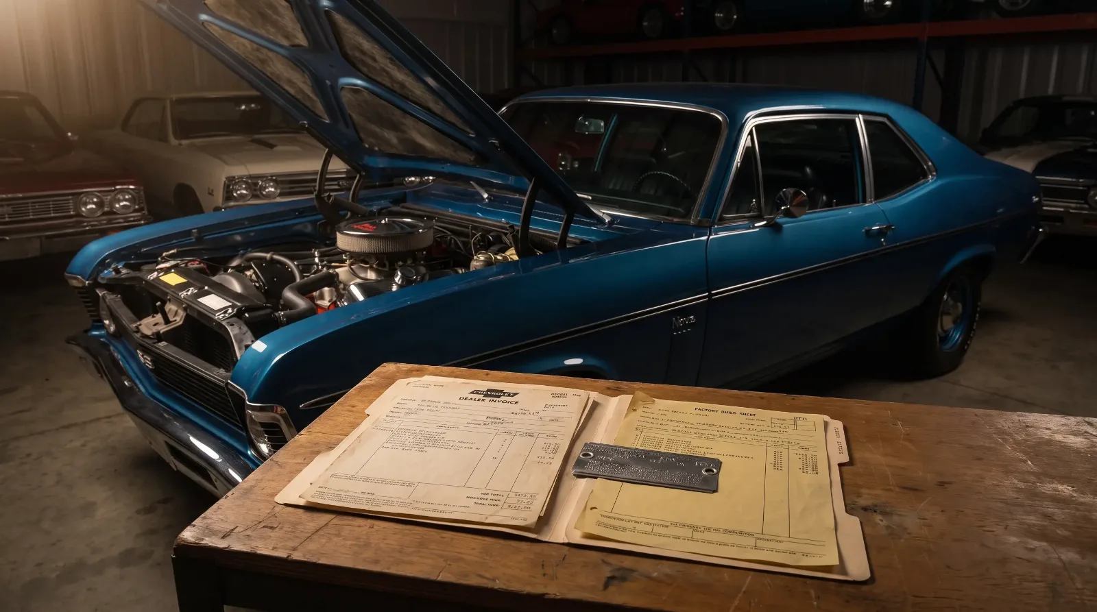 1969 Chevrolet Nova SS in a dim collector garage with a Fisher body tag and factory build sheet laid out on a table beside the car