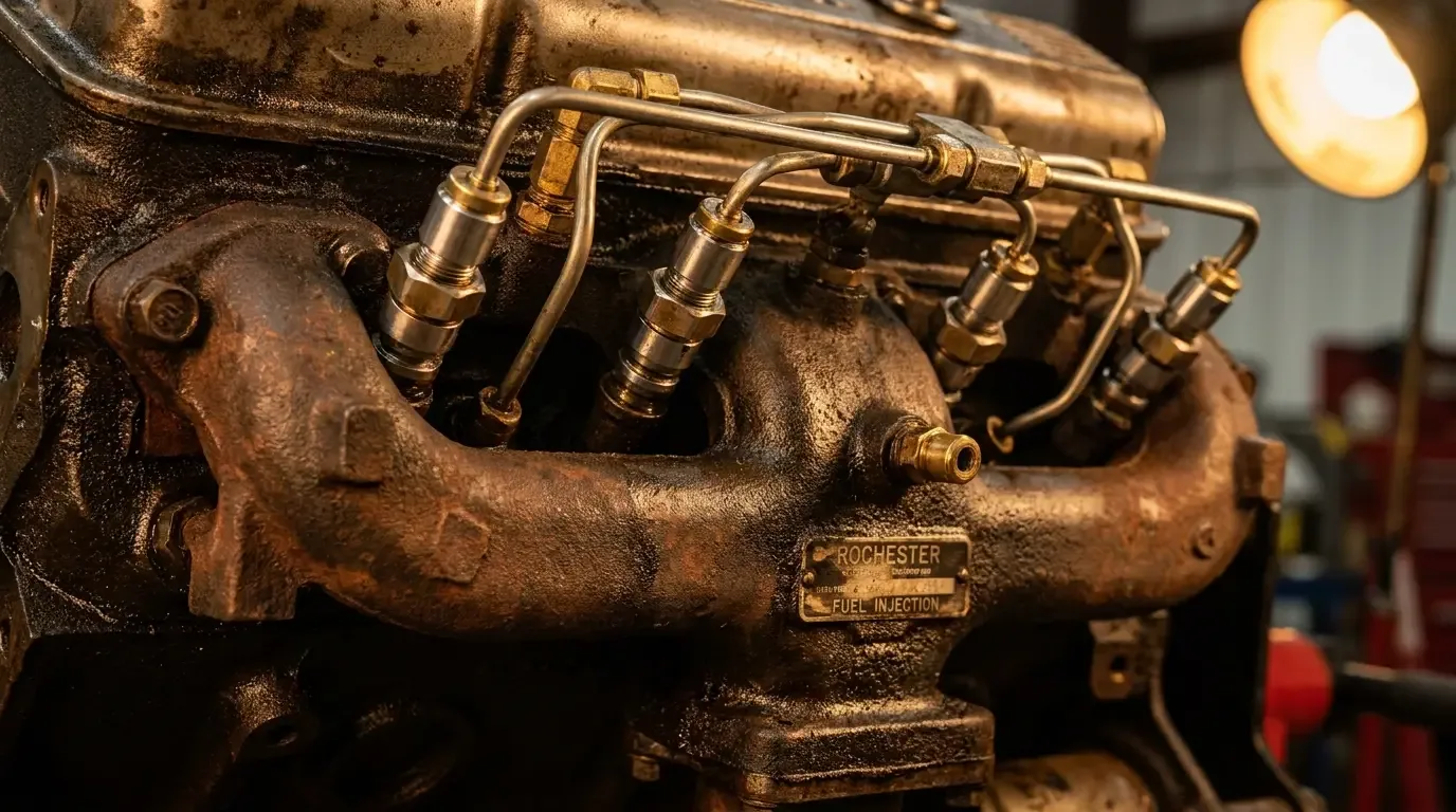 Macro close-up of the Rochester fuel injection unit on a 1957 Corvette 283 cubic inch engine showing injector nozzles and period-correct cast iron block