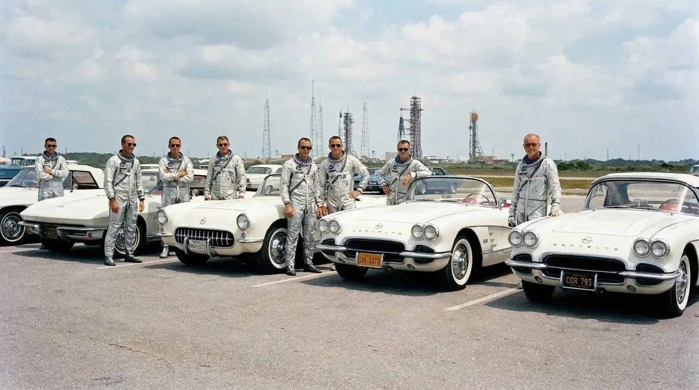 Mercury astronauts in NASA jumpsuits standing next to white Chevrolet Corvettes at Kennedy Space Center with Cape Canaveral launch structures in the background