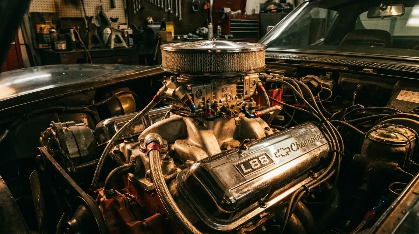 Engine bay detail of a 1969 Corvette L88 427 big block V8 showing the massive Holley carburetor and chrome valve covers in dramatic workshop lighting