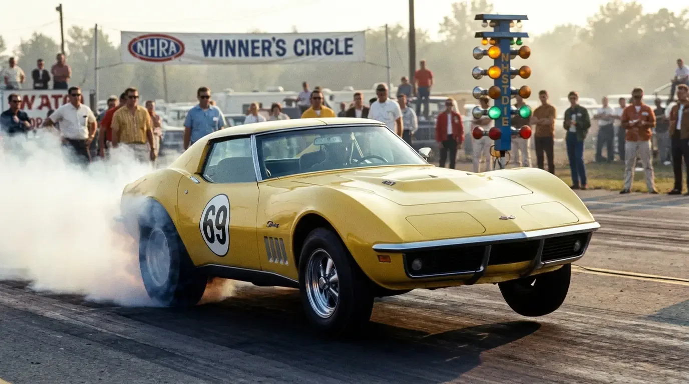 1969 Corvette big block drag racing with front wheels lifting off the NHRA track at launch with tire smoke billowing from the rear