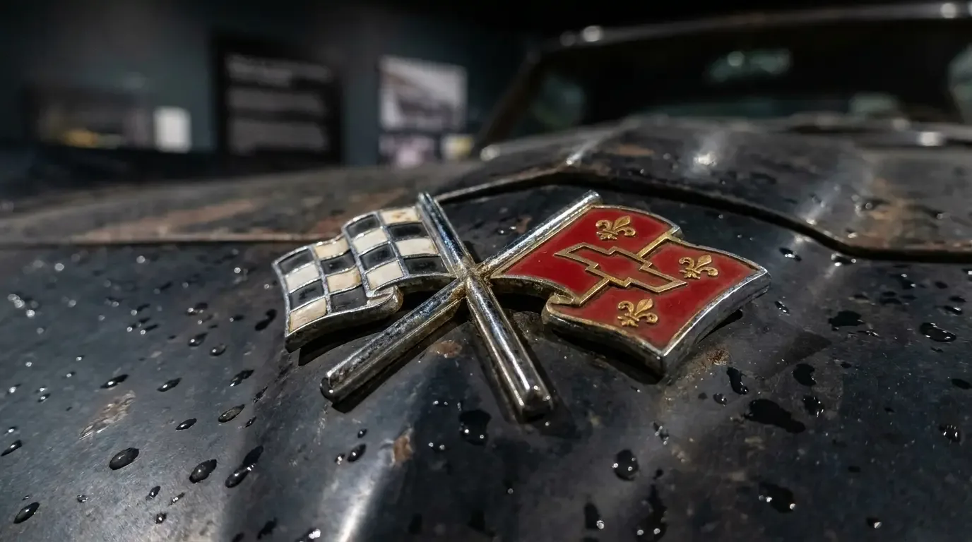 Extreme macro close-up of a vintage Corvette crossed flags badge in chrome and enamel showing the checkered flag and Chevrolet flag emblem with water droplets