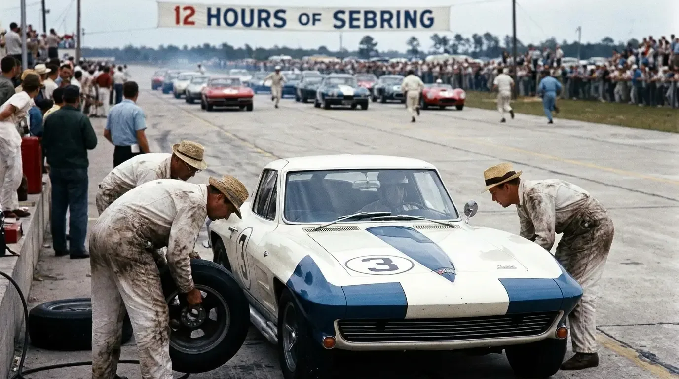 White and blue racing Chevrolet Corvette at the 12 Hours of Sebring with mechanics in period overalls working in the pit lane