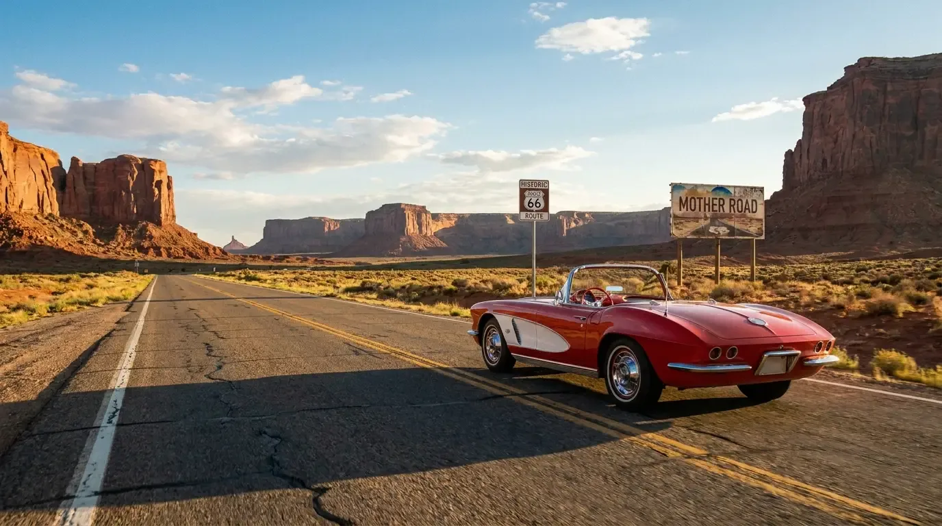 Classic early 1960s Chevrolet Corvette C1 convertible driving on Route 66 through the American Southwest desert with red rock formations
