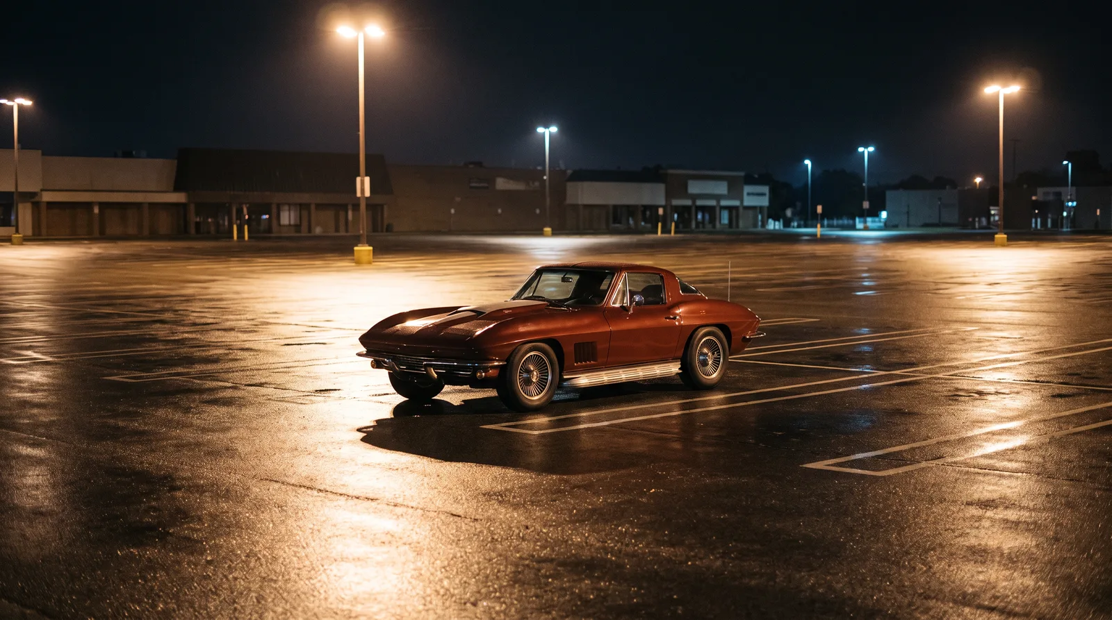 1967 Chevrolet Corvette Sting Ray coupe, empty lot at night