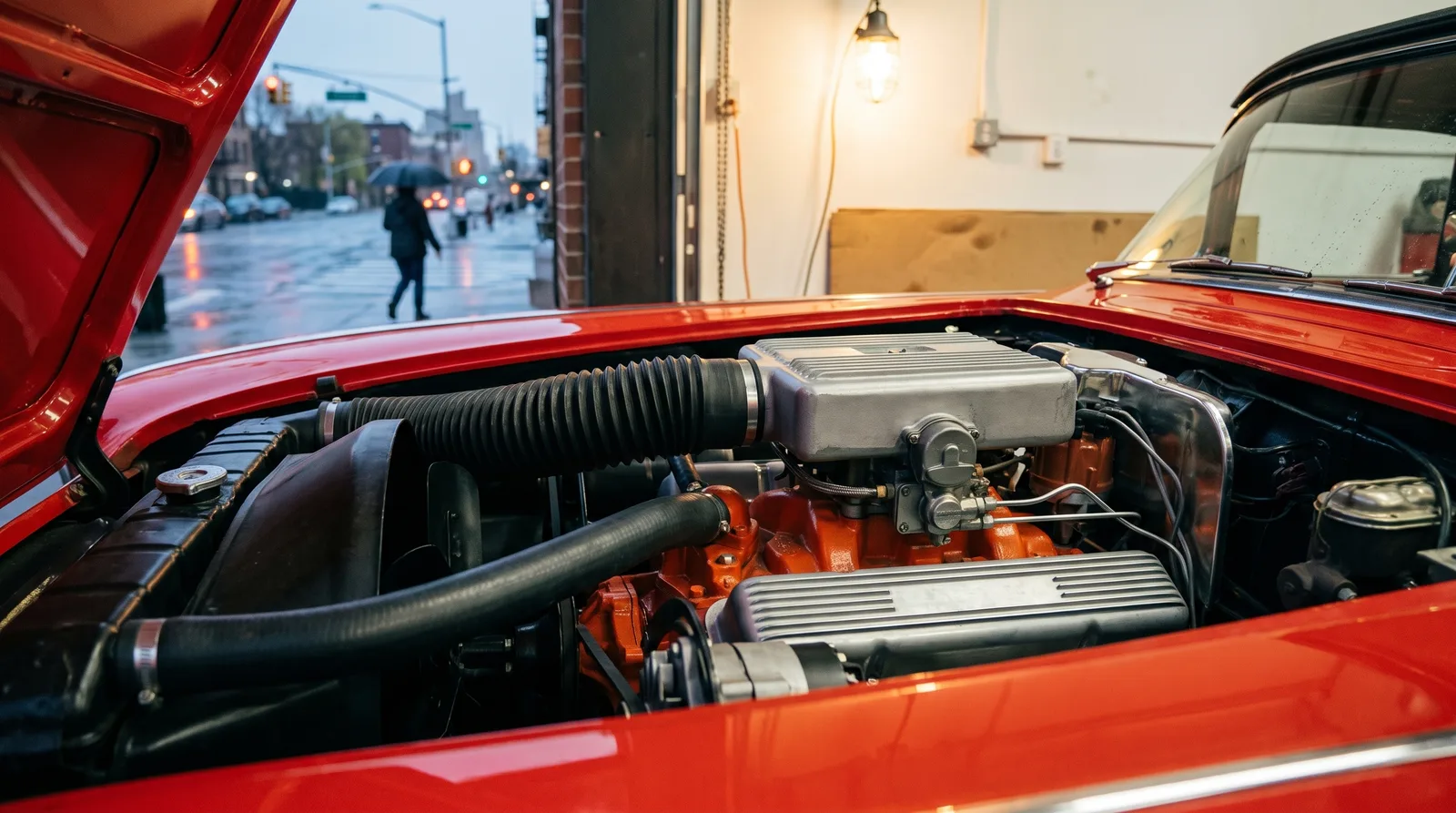 1958 Chevrolet Corvette fuel-injected 283 V8, engine bay under a work lamp