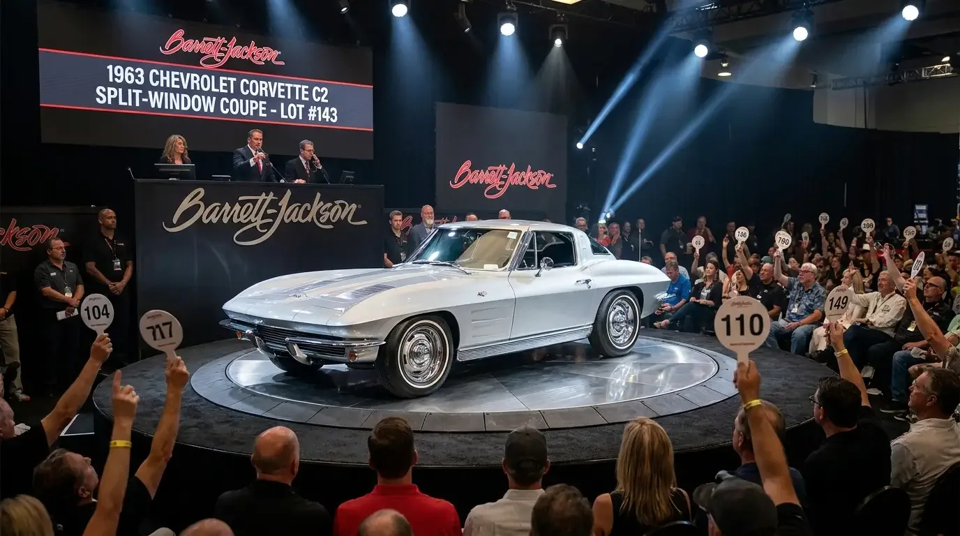 Pristine 1963 Chevrolet Corvette C2 split-window coupe on an elevated stage at a Barrett-Jackson auction with dramatic spotlights and bidding crowd