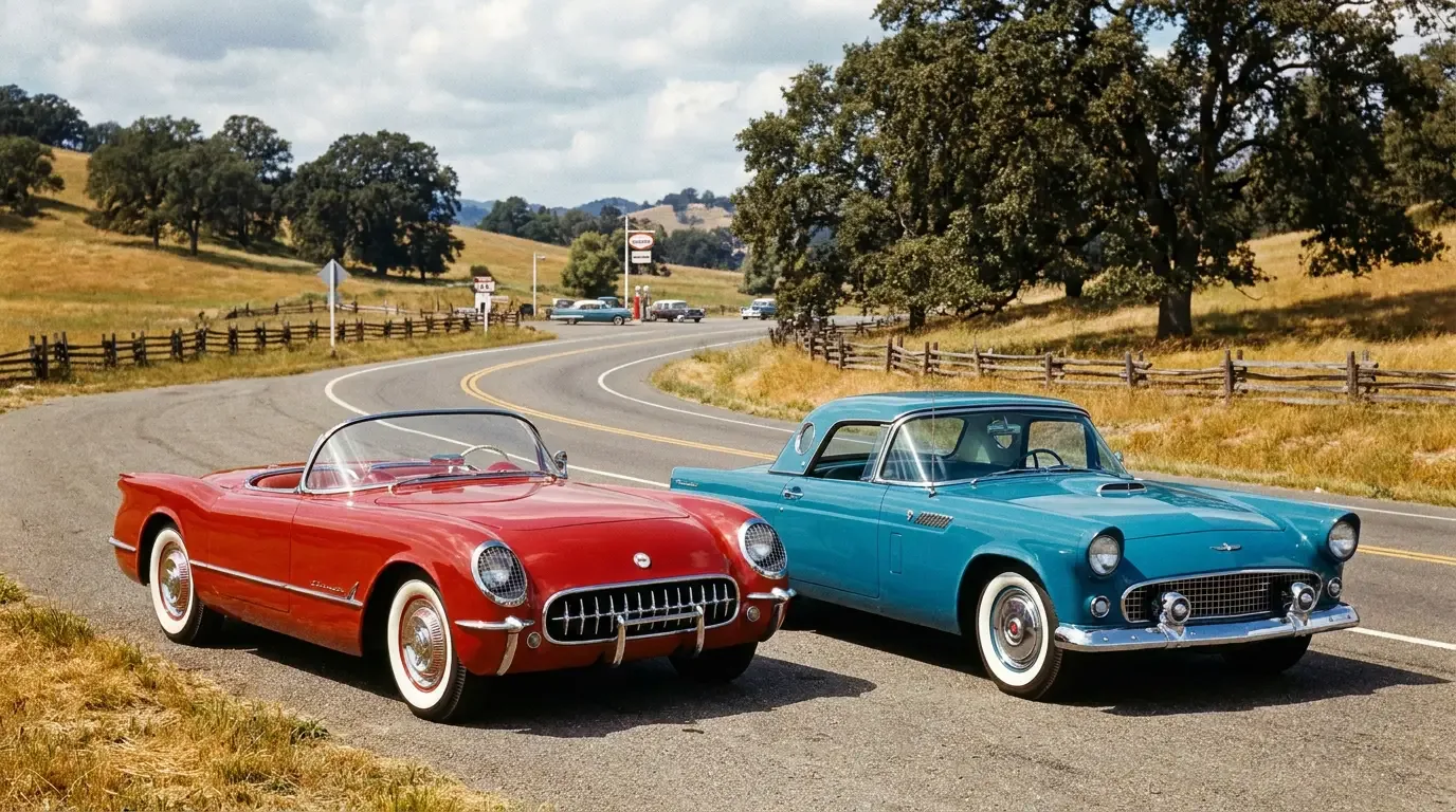 A 1955 Chevrolet Corvette and a 1955 Ford Thunderbird parked side by side on a mid-century American road for comparison