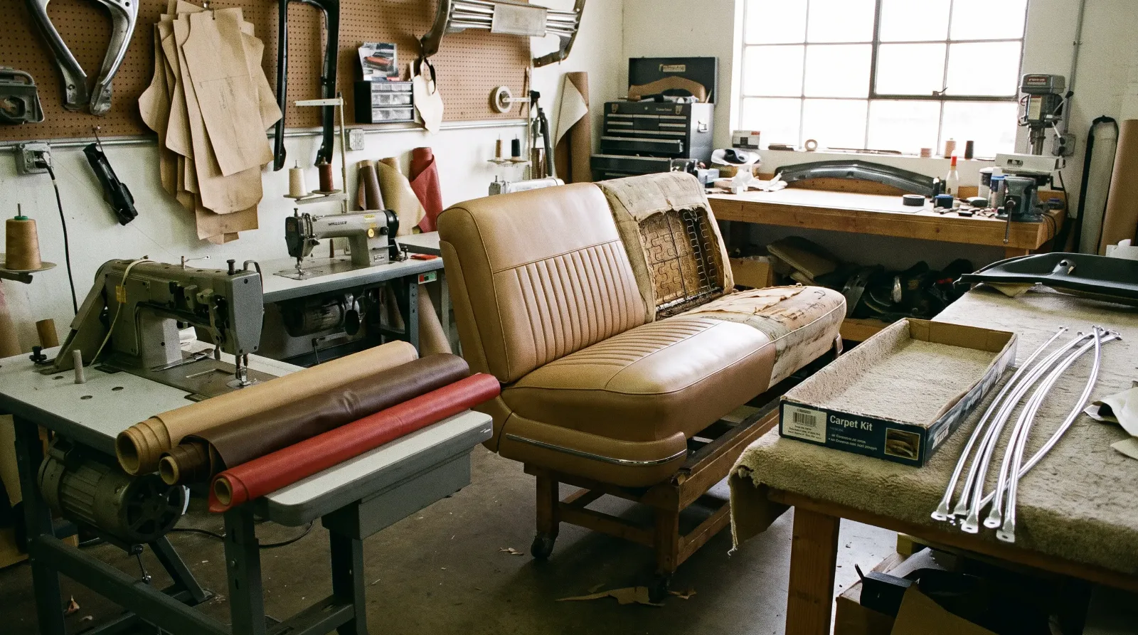 Upholstery shop re-covering a vintage sedan bench seat in new vinyl beside a carpet kit and headliner bow