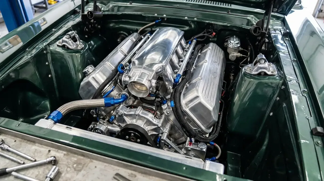 A modern Ford Coyote 5.0 DOHC V8 with tall cam covers freshly installed in a classic Mustang-style engine bay, clean professional swap