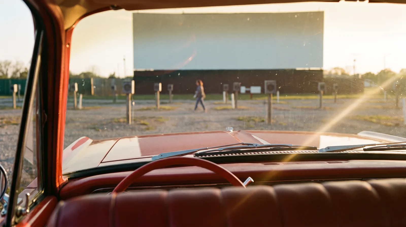 1964 Ford Falcon, view through the windshield at a drive-in theatre
