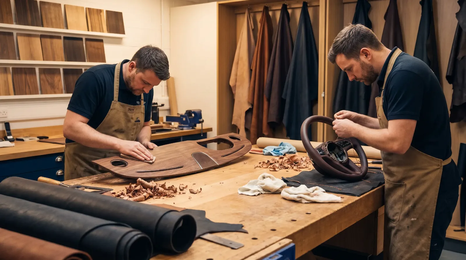 Craftsmen hand-finishing wood and leather at Crewe