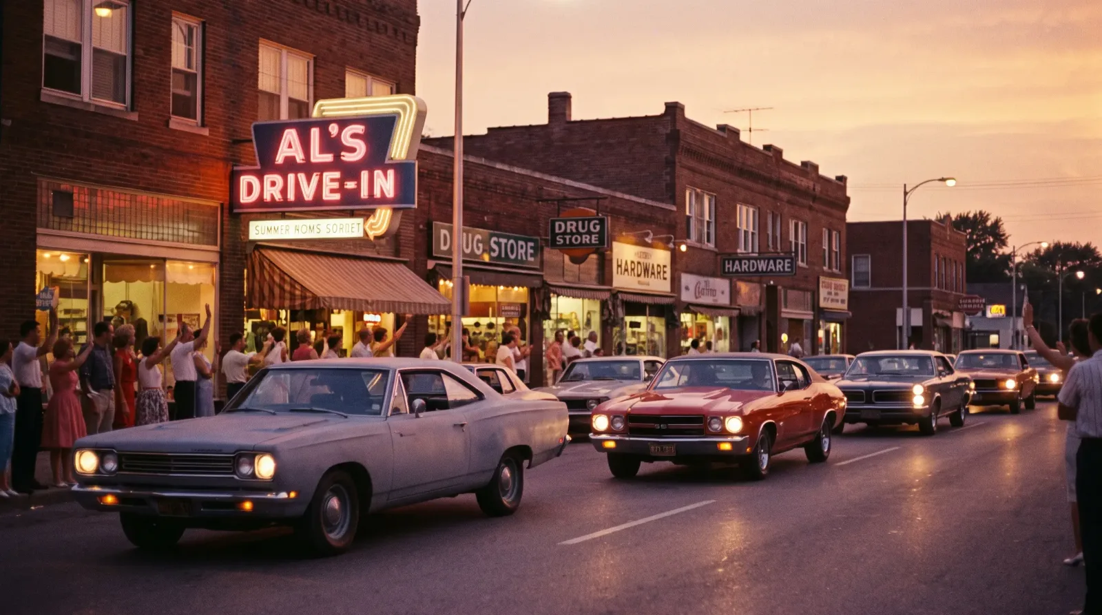 1960s cruise scene at dusk with muscle cars rolling past a neon-lit drive-in restaurant