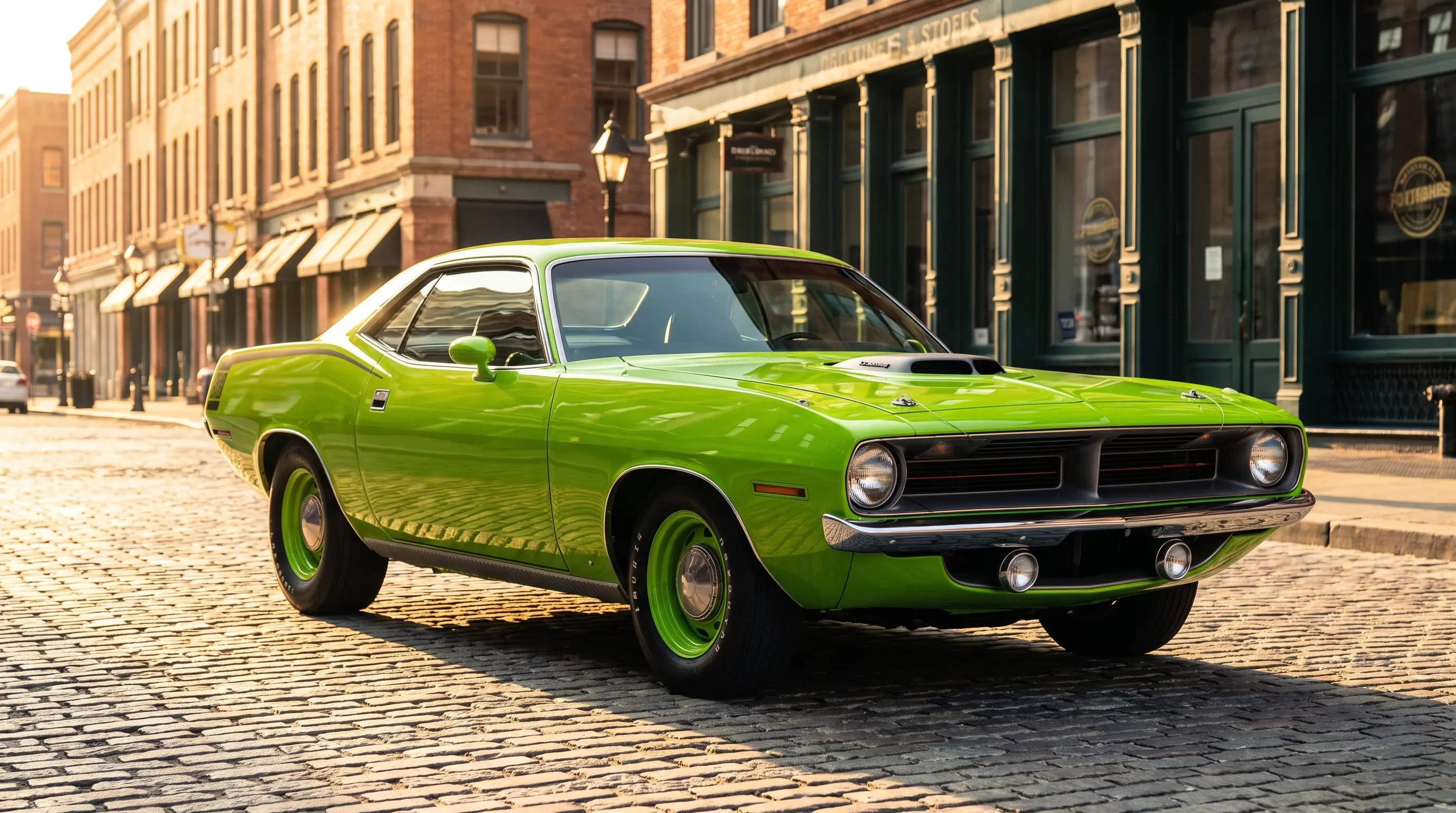 1970 Plymouth Cuda in vivid High Impact Sublime green on a sunlit city street