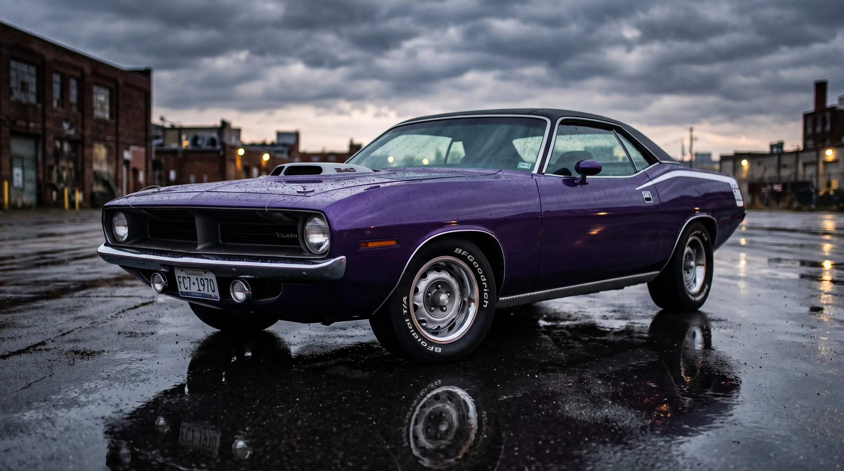 Purple 1970 Plymouth Cuda with shaker hood scoop on wet asphalt under overcast sky