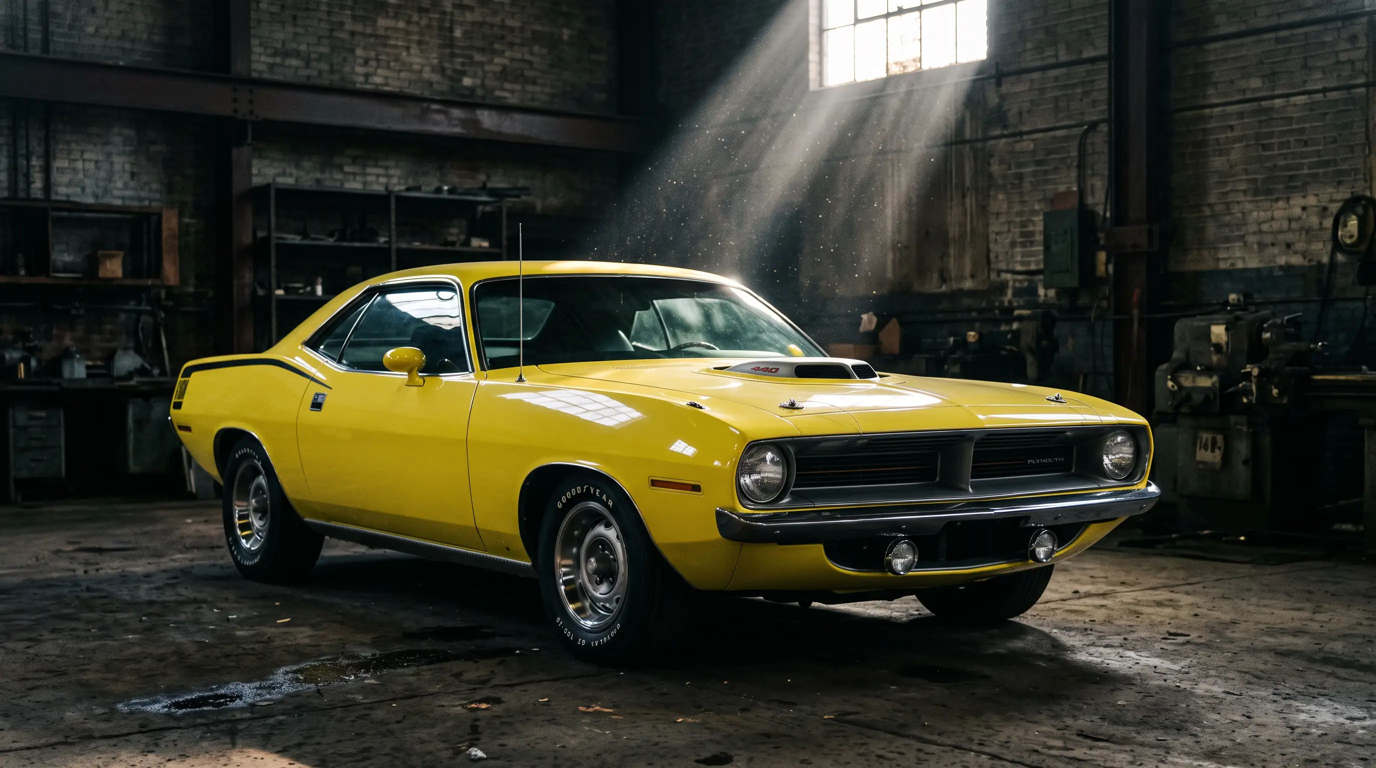 Yellow 1970 Plymouth Cuda lit by a single light beam in a dim warehouse