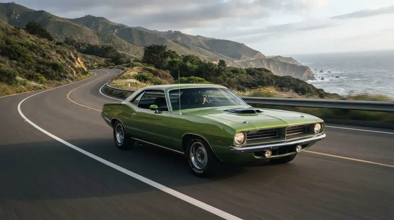 1970 Plymouth Cuda on a period road test, three-quarter front view