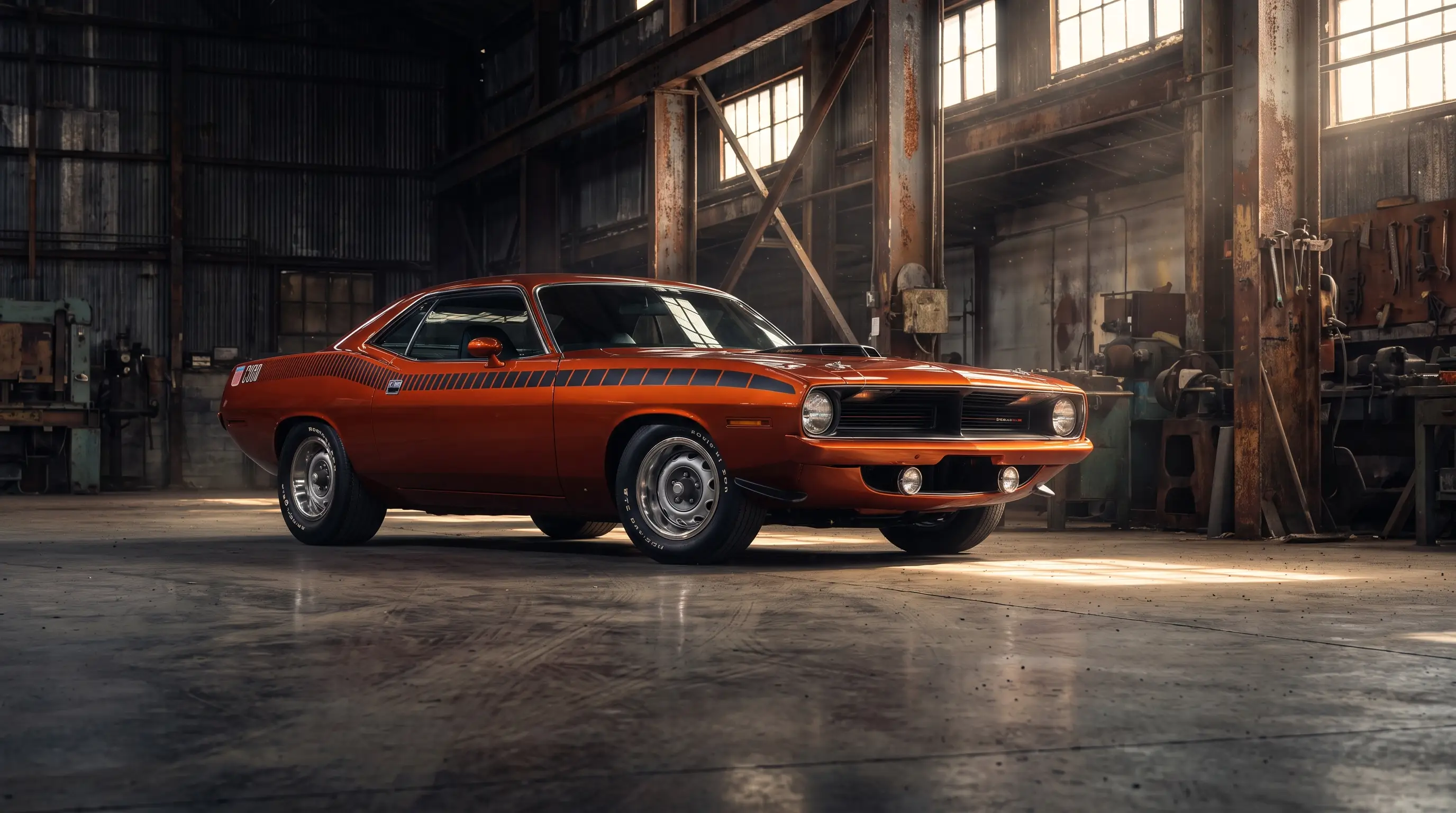1970 Plymouth Cuda E-body low angle in a moody industrial garage with shafts of light