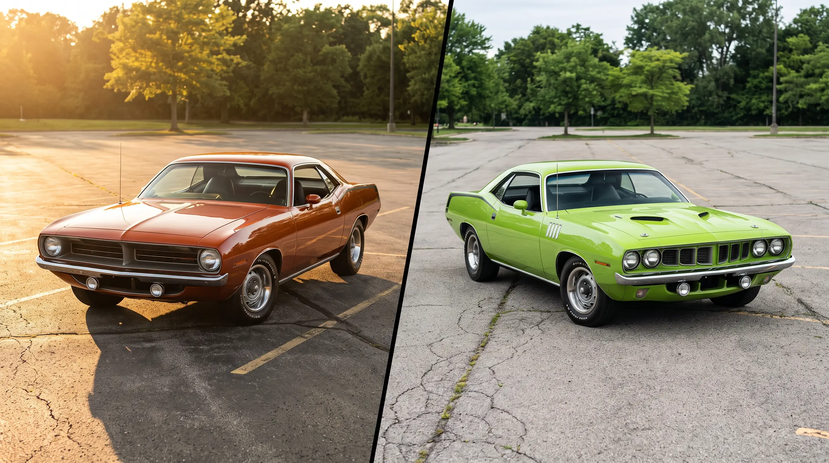 1970 and 1971 Plymouth Cuda parked side by side showing headlight differences
