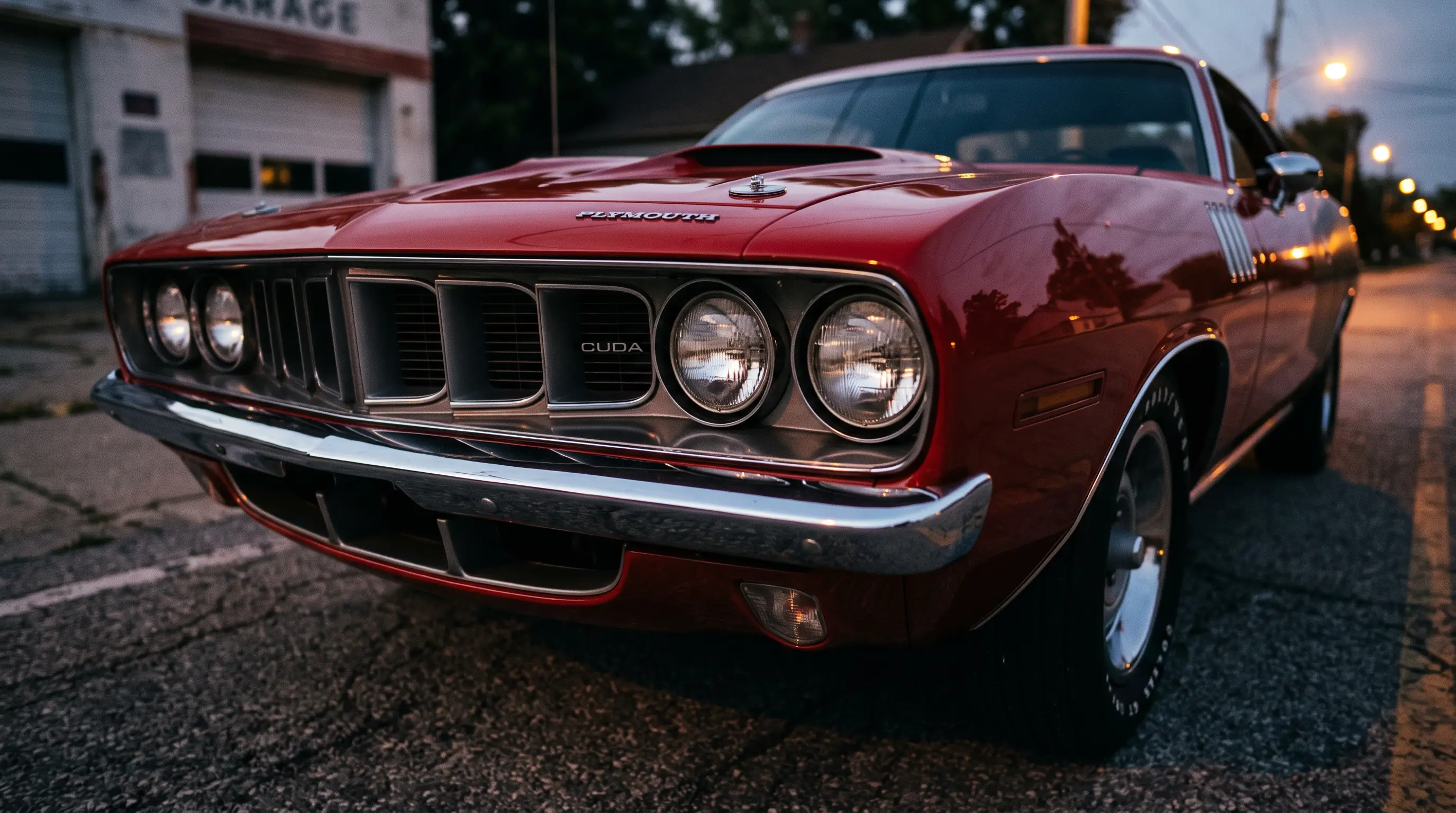 Close-up of a 1971 Plymouth Cuda's quad fender-mounted headlight front end
