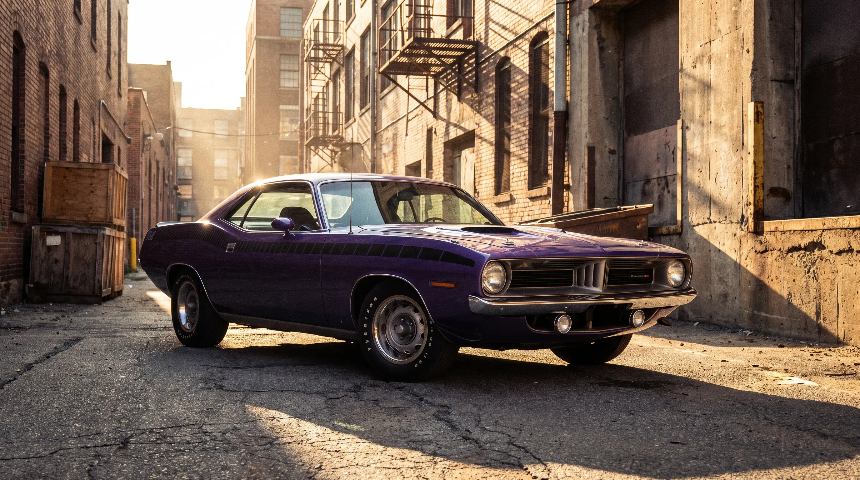 Purple 1971 Plymouth Cuda with strobe stripe parked in an industrial alley with hard light