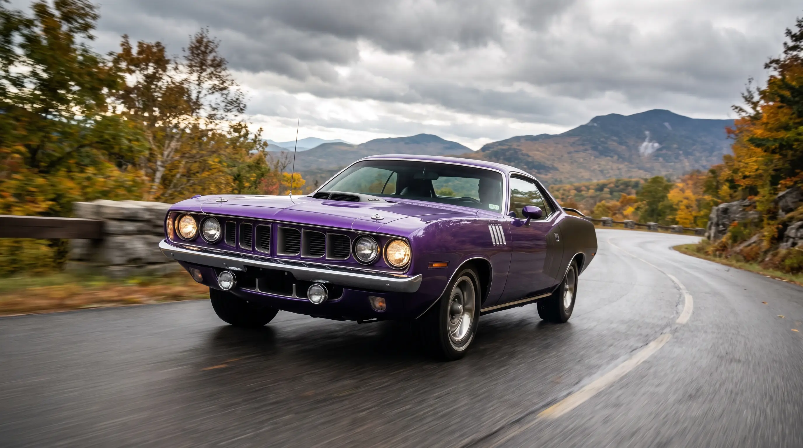 1971 Plymouth Cuda 340 in purple cornering on a winding mountain road