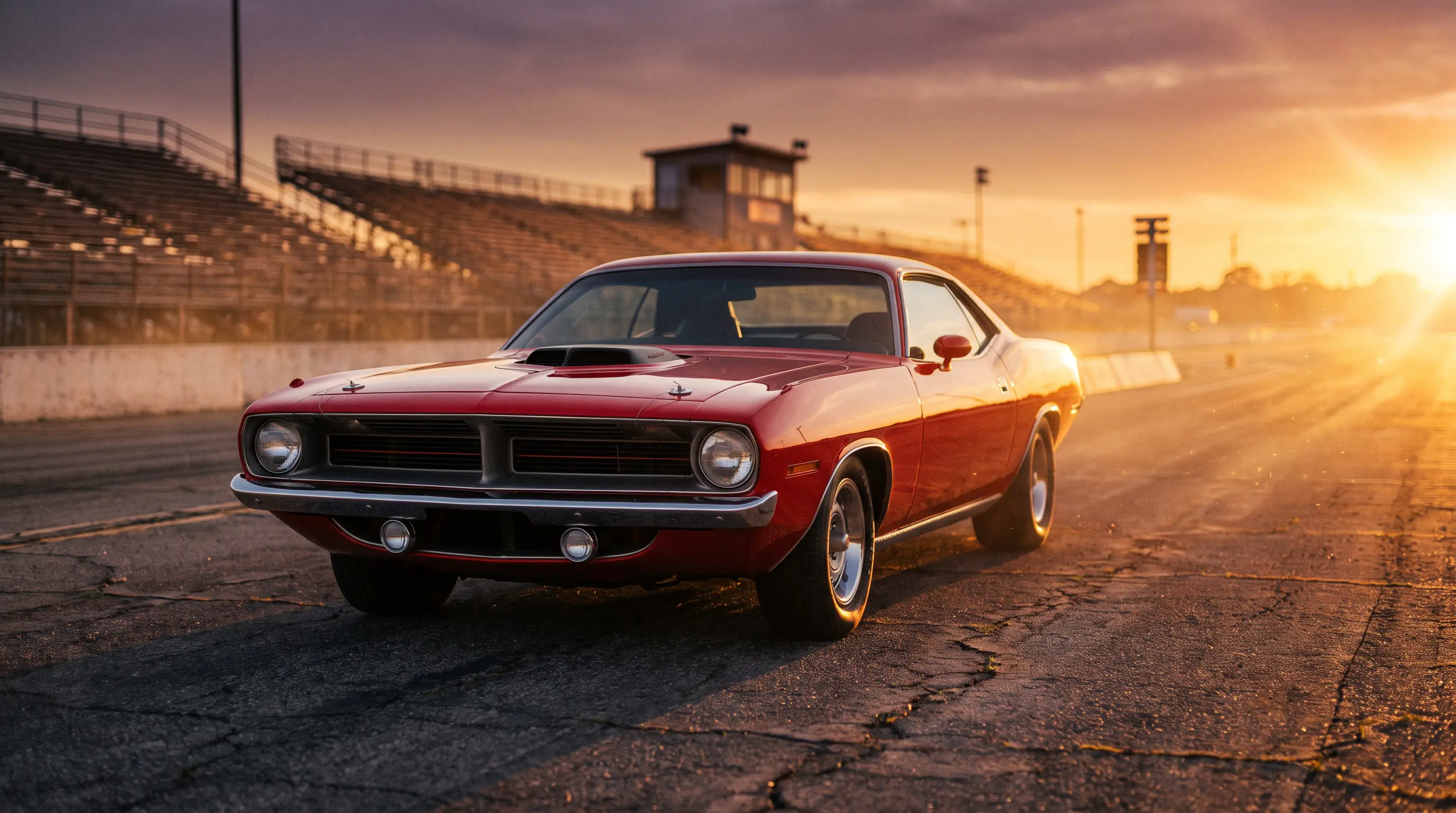 Red 1970 Plymouth Barracuda 383 parked on a drag strip at golden hour