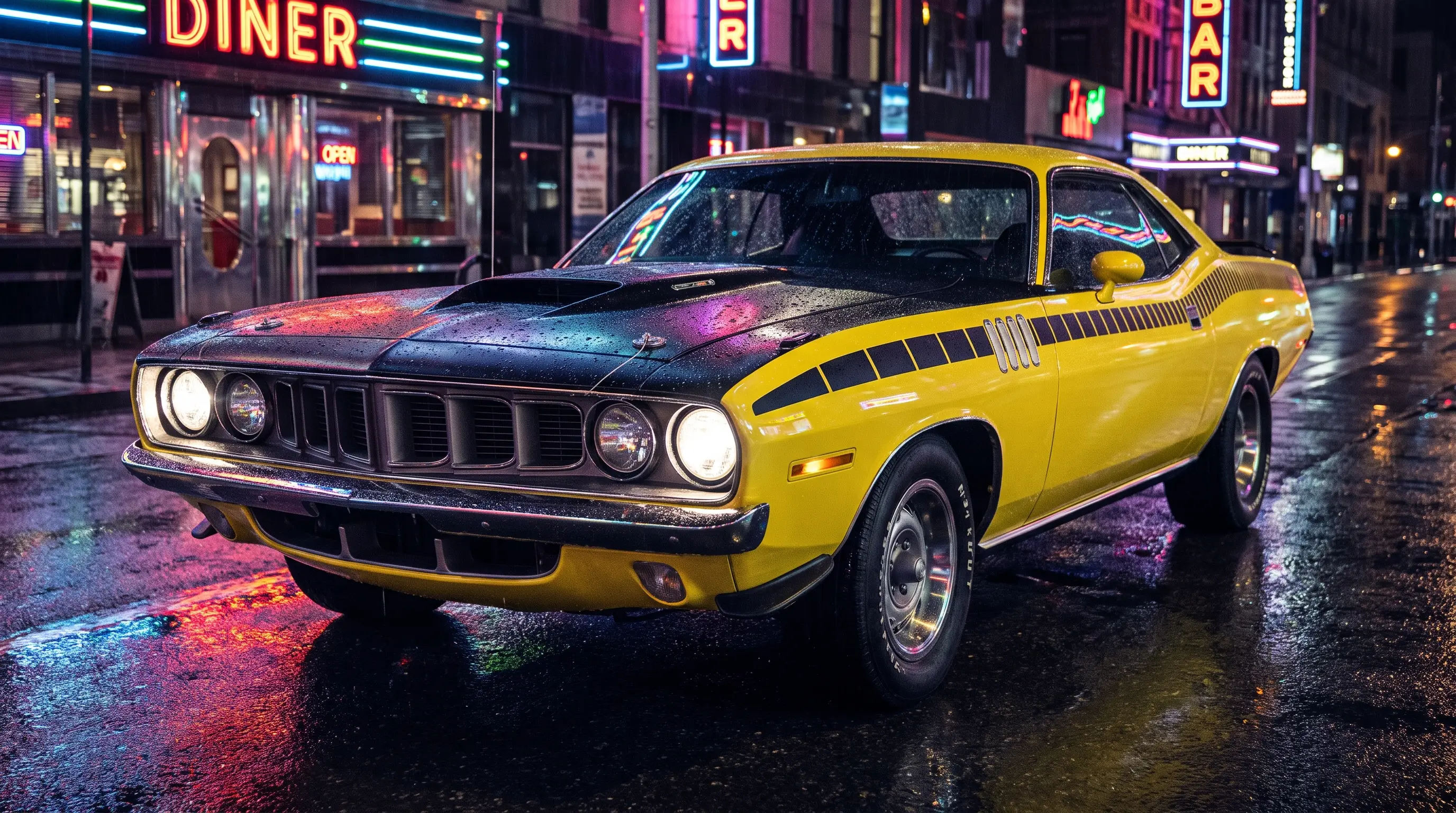 Yellow 1971 Plymouth Barracuda 440 Six Barrel on a wet city street at night