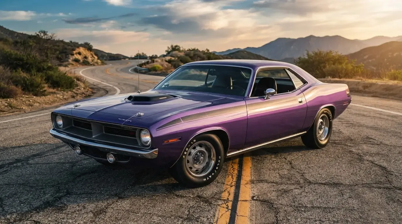 Plymouth Cuda in bold High Impact color, three-quarter front view