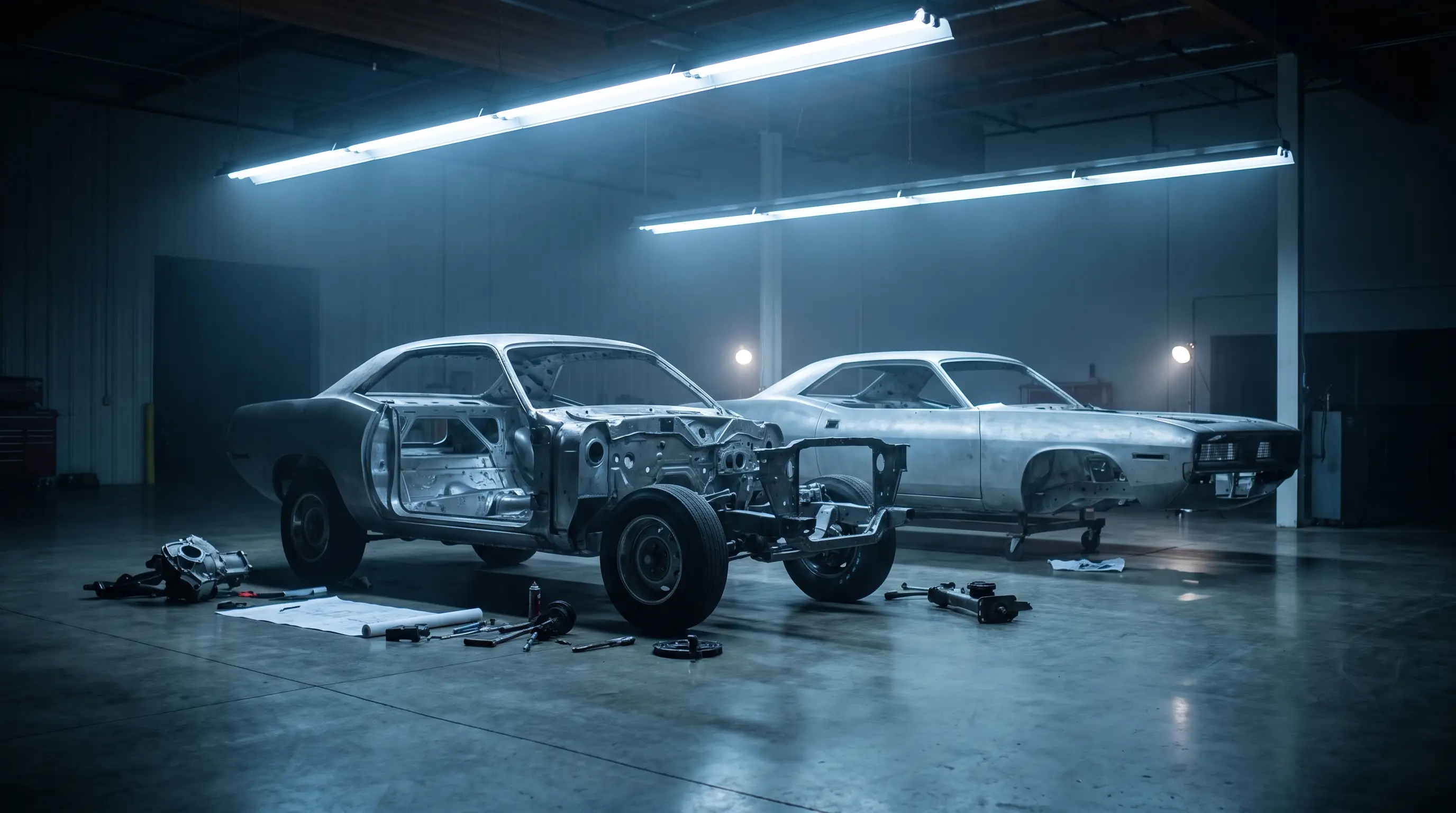 Bare 1970 Cuda E-body chassis and body in white lit in an engineering studio