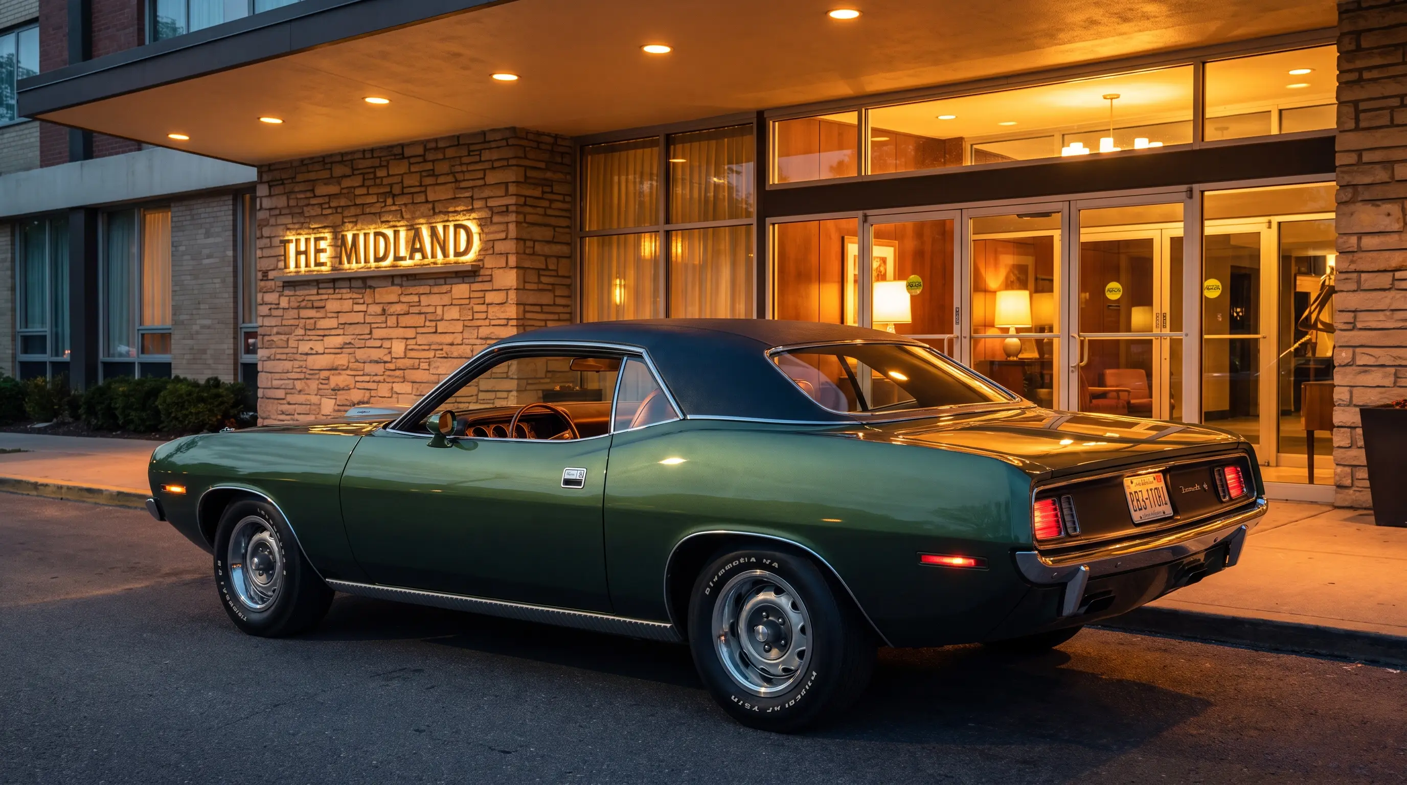 Green 1970 Plymouth Barracuda Gran Coupe parked outside a hotel at dusk