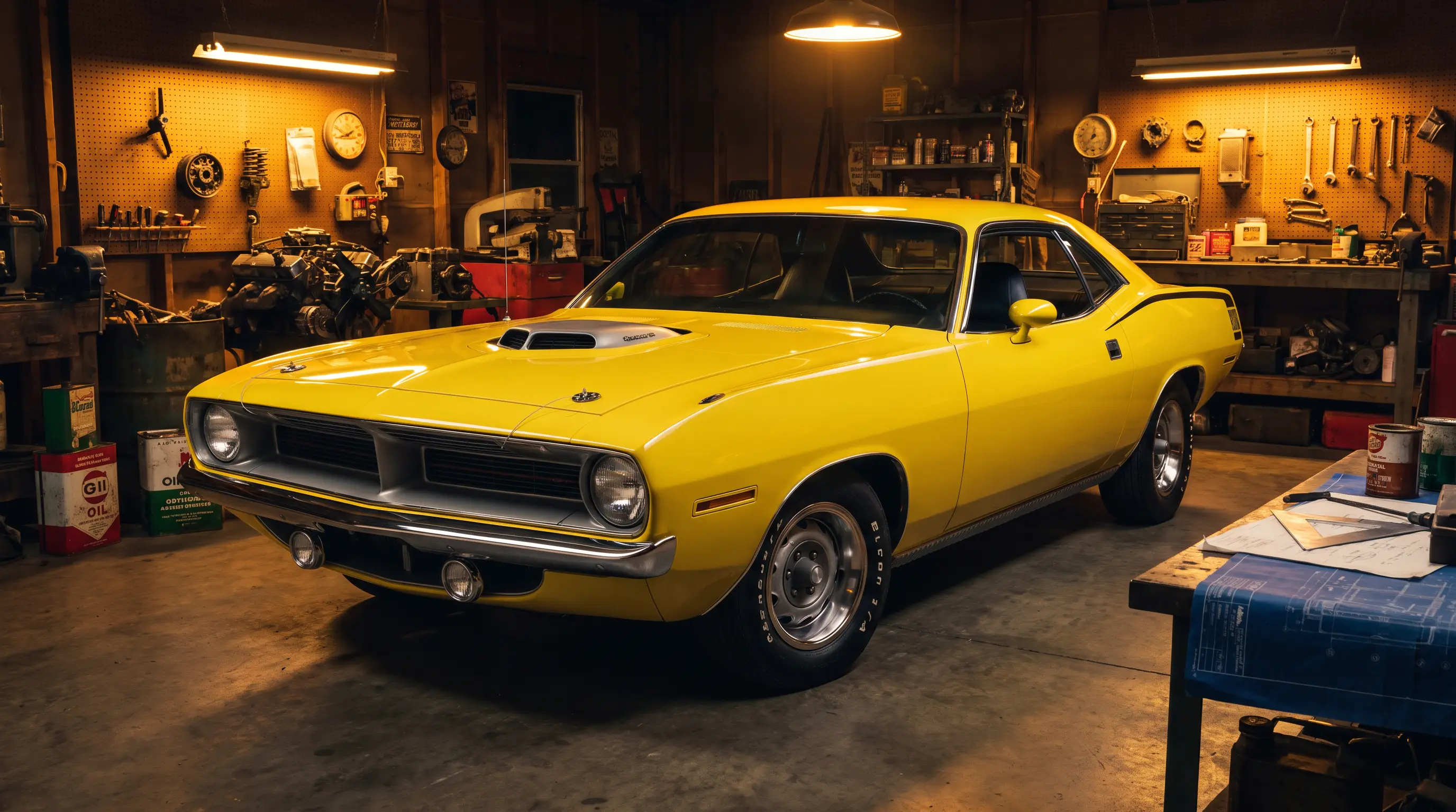 Yellow 1970 Plymouth Cuda with High Impact paint in a builder garage