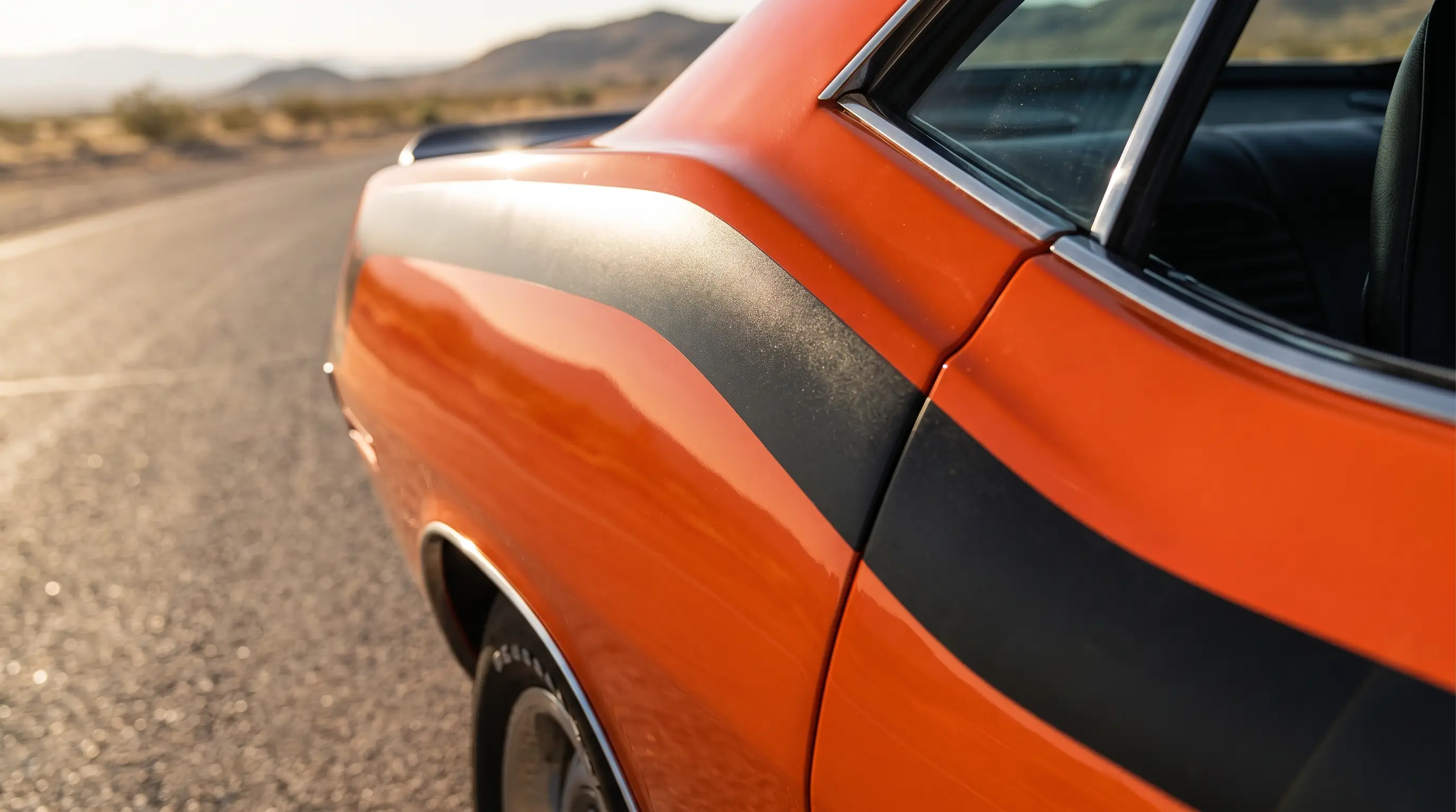 Close up of orange Plymouth Barracuda hockey stick side stripe