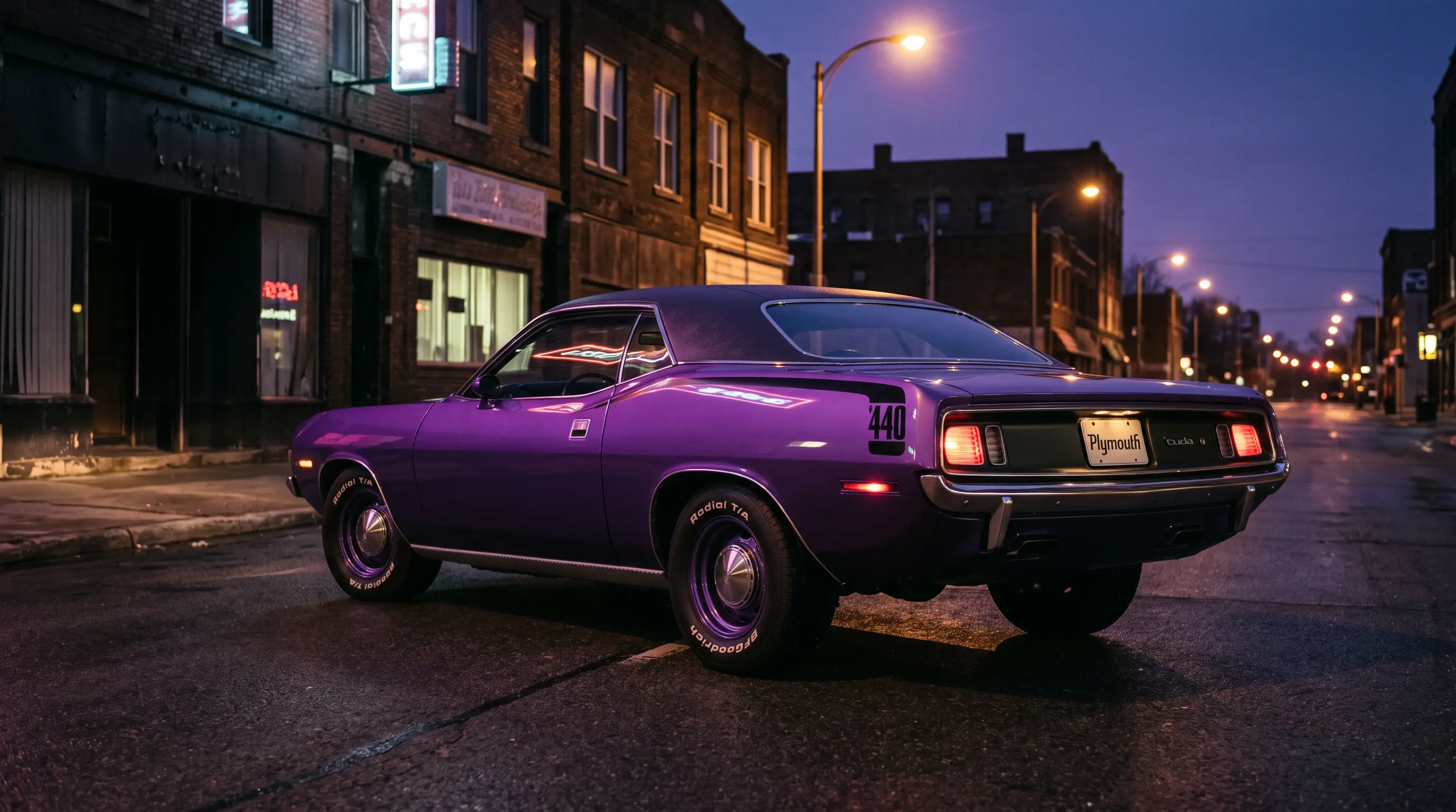 Plum Crazy purple 1970 Plymouth Cuda on a city street at twilight