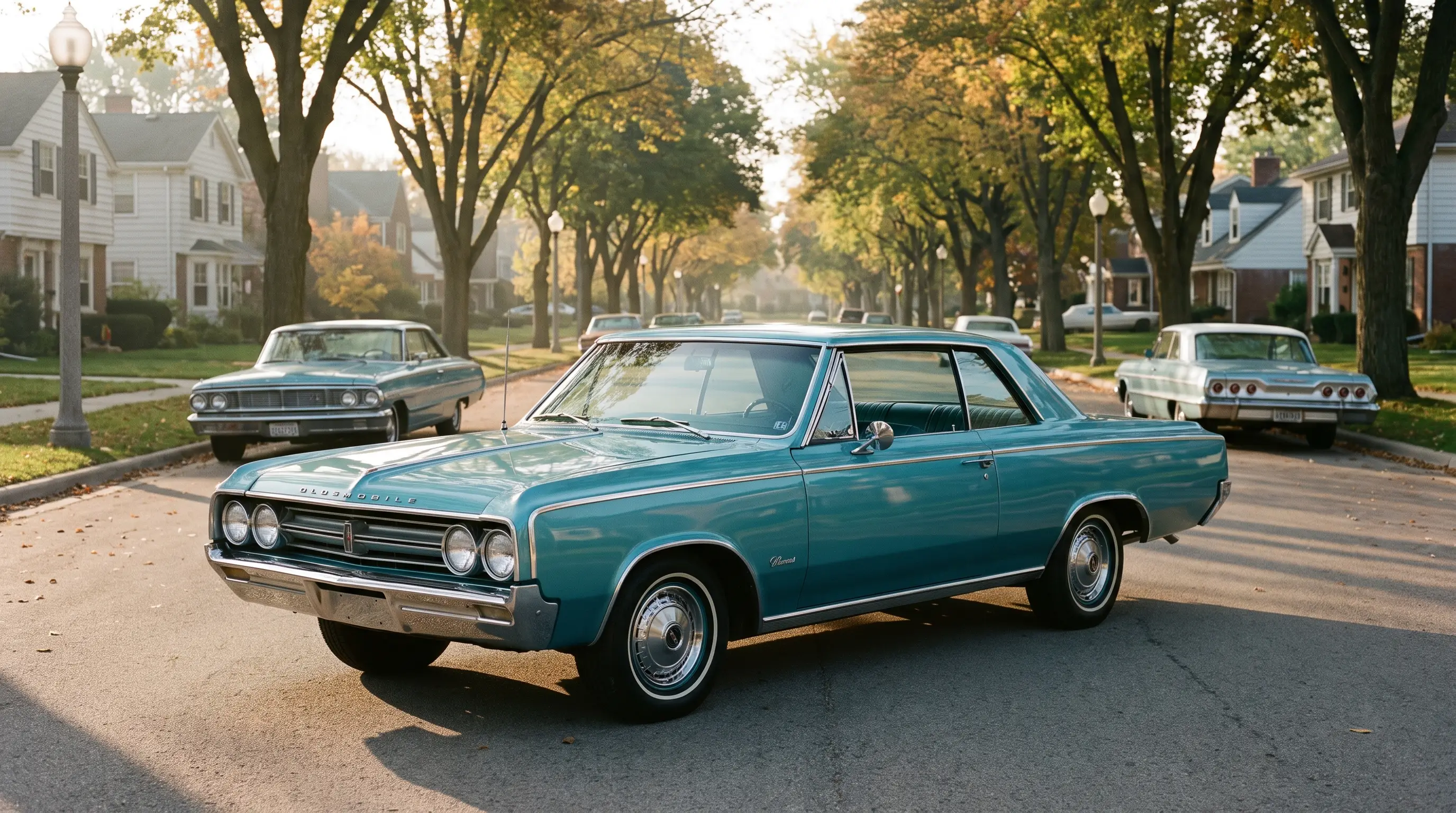 Turquoise 1964 Oldsmobile Cutlass F85 coupe on a tree lined suburban street in soft morning light