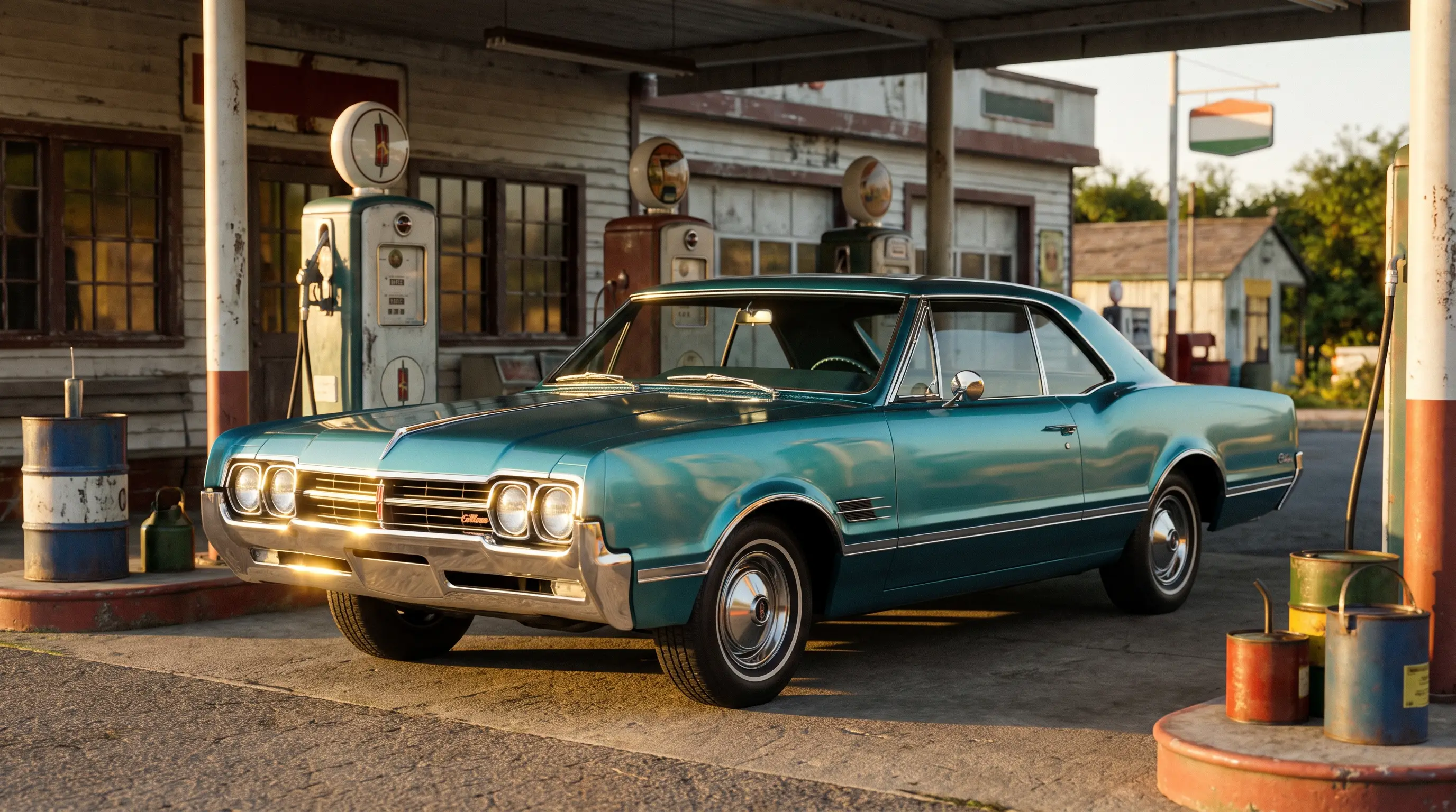 Teal 1966 Oldsmobile Cutlass Supreme hardtop at a vintage gas station at golden hour
