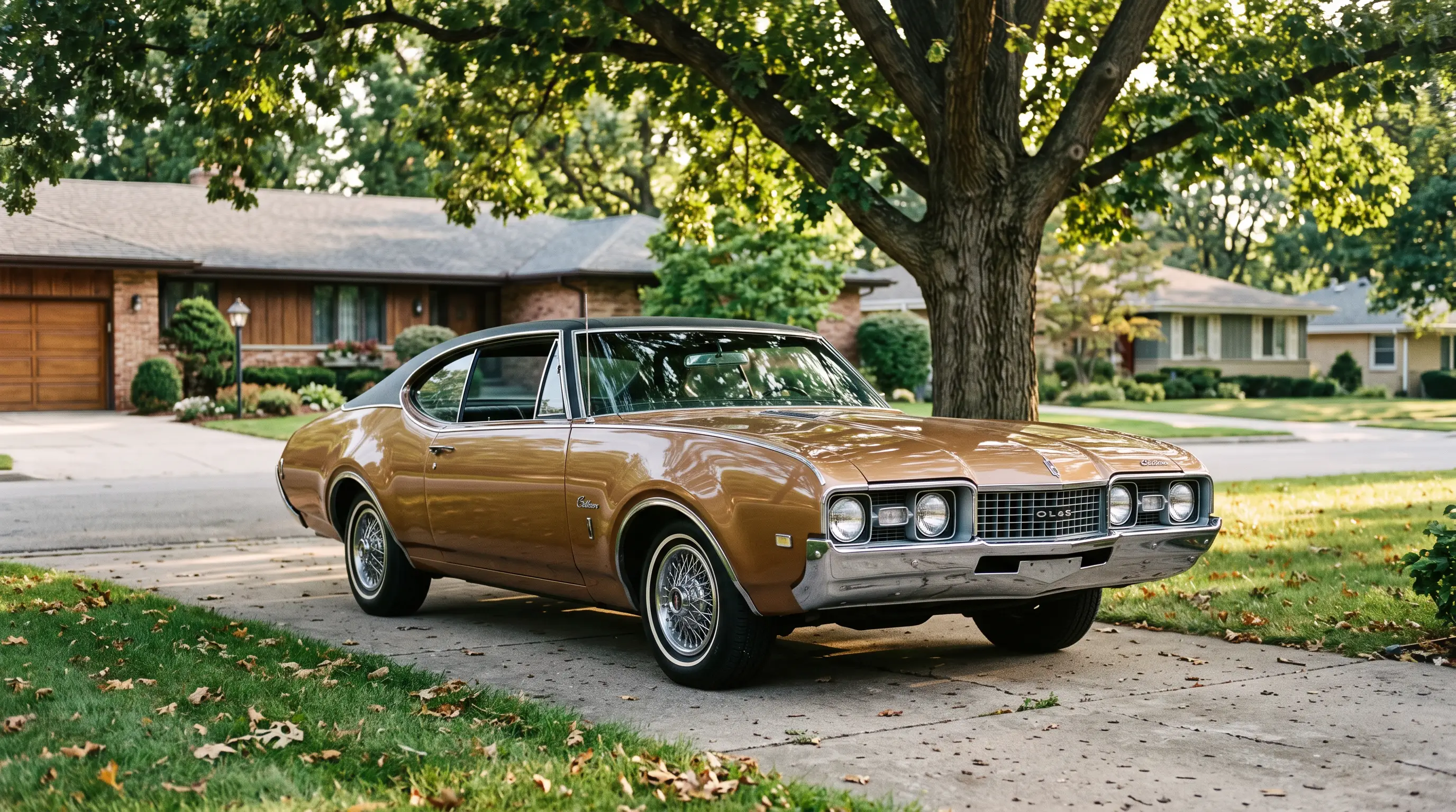Bronze 1968 Oldsmobile Cutlass Supreme hardtop on a suburban driveway under an oak tree