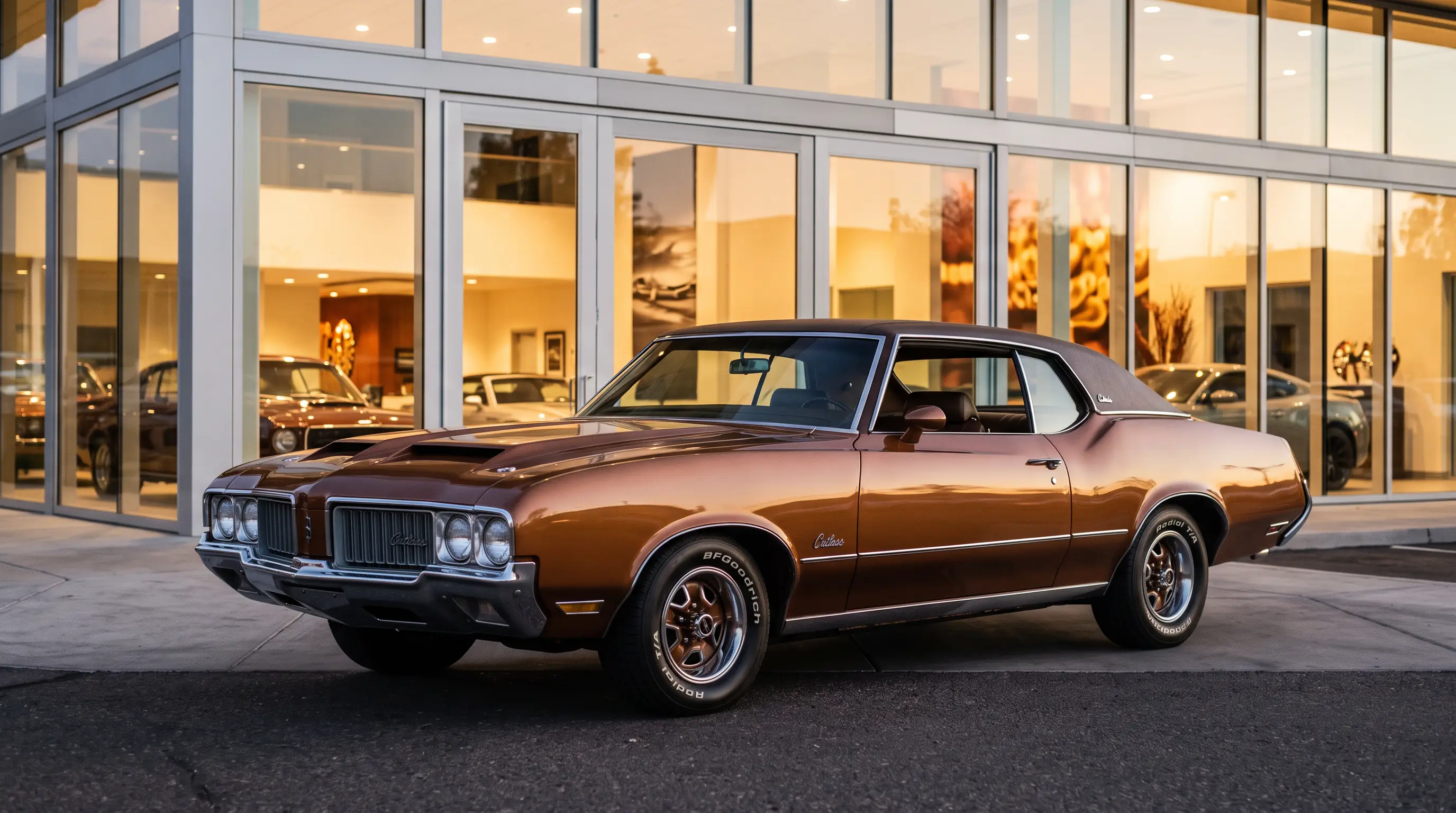 Bronze 1970 Oldsmobile Cutlass Supreme notchback coupe outside a dealership showroom