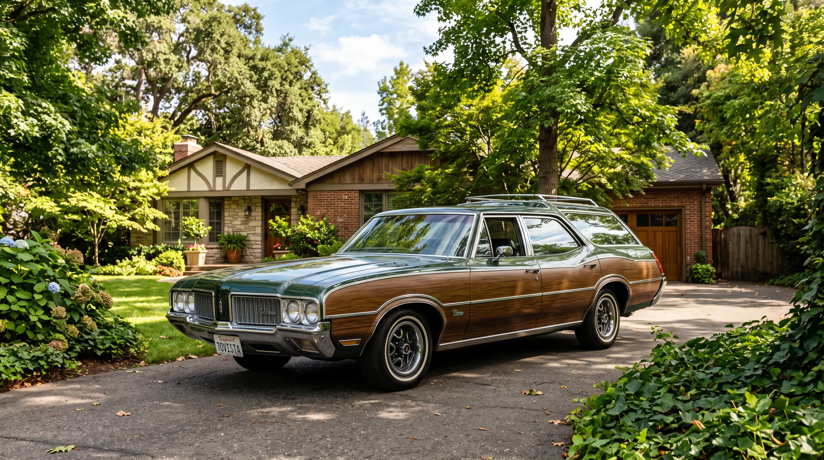 Woodgrain paneled Oldsmobile Cutlass Vista Cruiser wagon in a leafy driveway