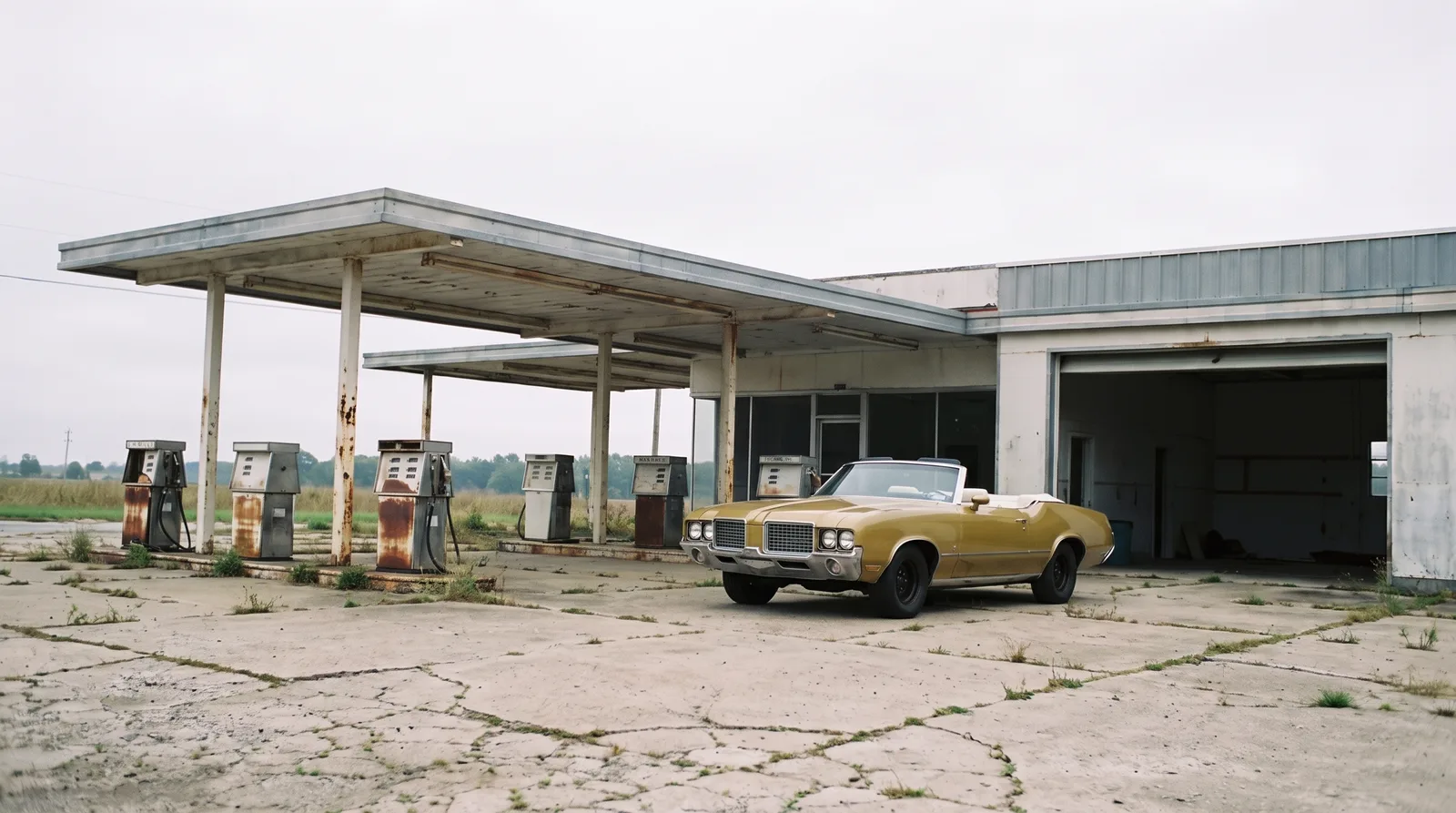 1972 Oldsmobile Cutlass Supreme convertible, at an abandoned roadside gas station