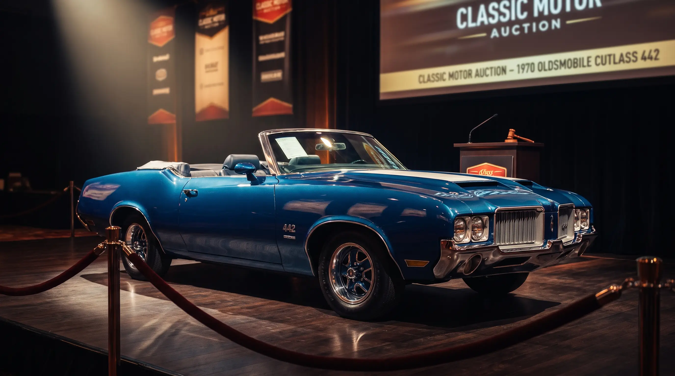 Pristine 1970 Oldsmobile Cutlass 442 under spotlight at a classic car auction
