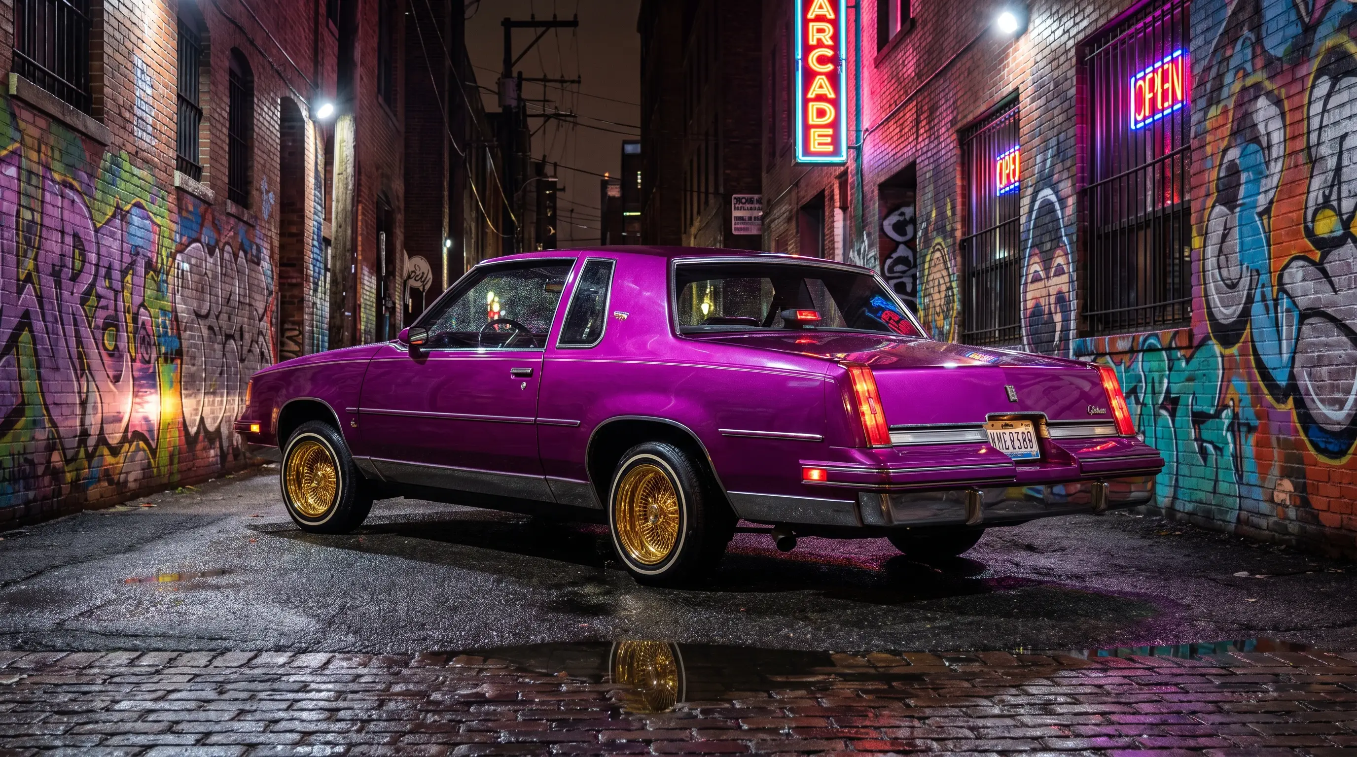 Candy purple Cutlass Supreme lowrider on gold wire wheels in a neon lit urban alley at night