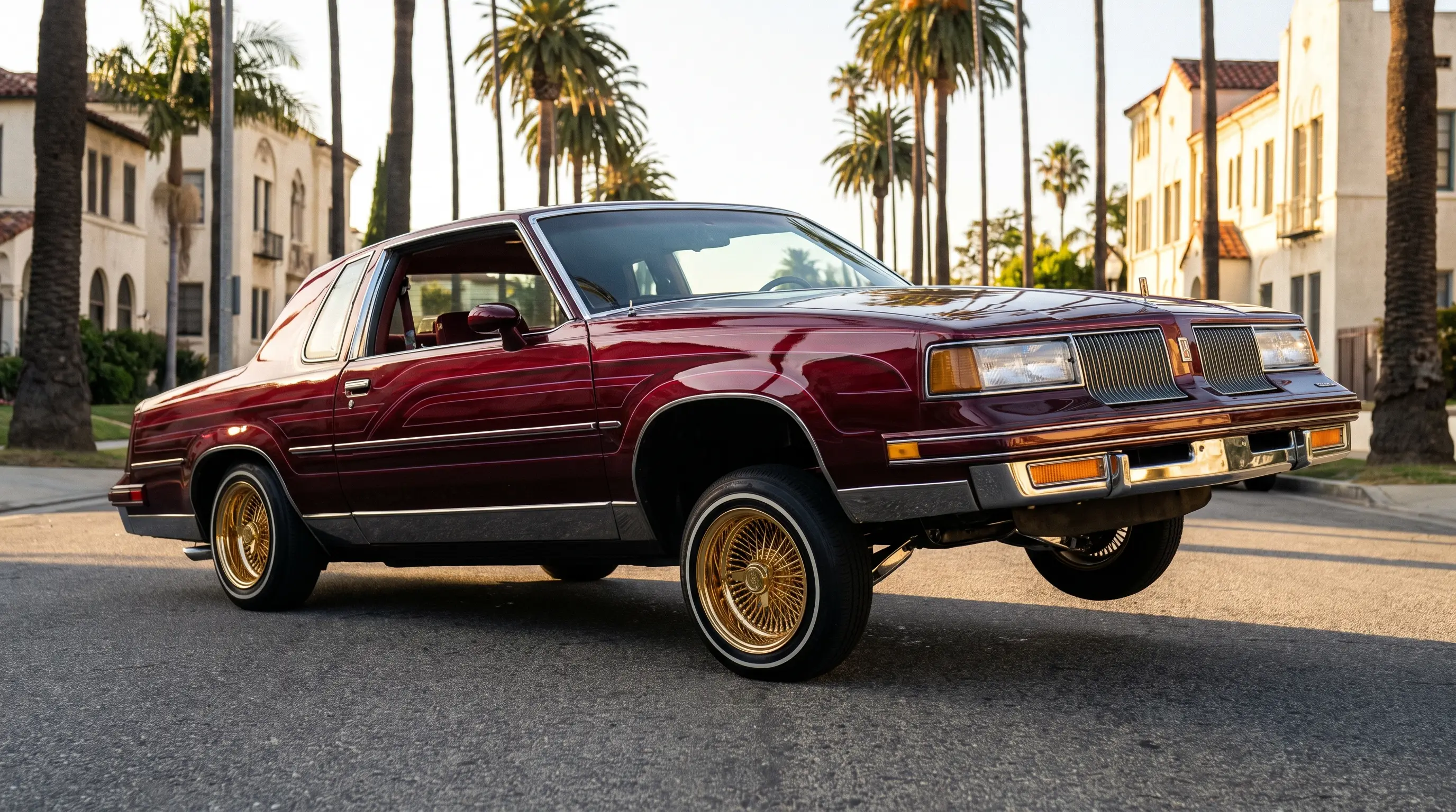 Maroon candy paint Oldsmobile Cutlass Supreme lowrider on gold wire wheels on a sunny street