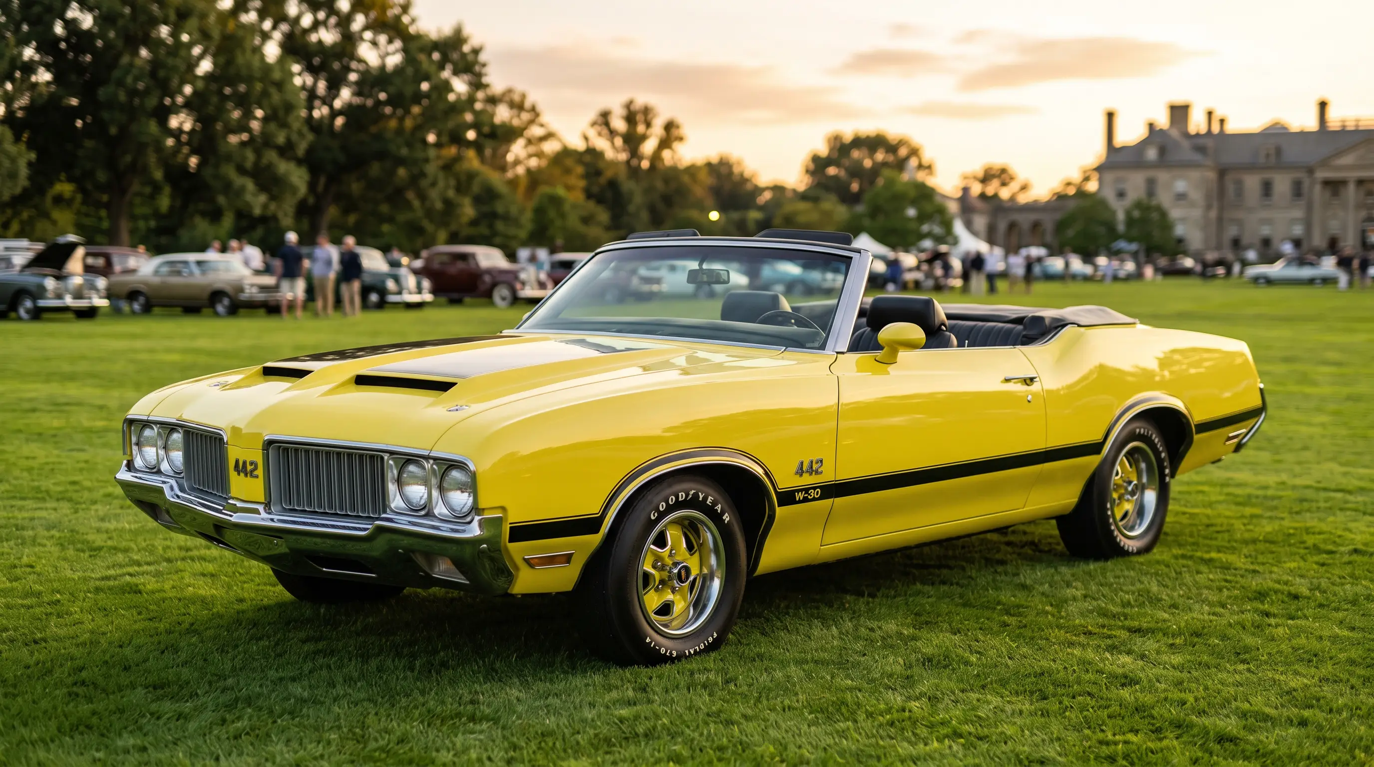 Yellow 1970 Oldsmobile Cutlass 442 W-30 convertible on a concours lawn at golden hour