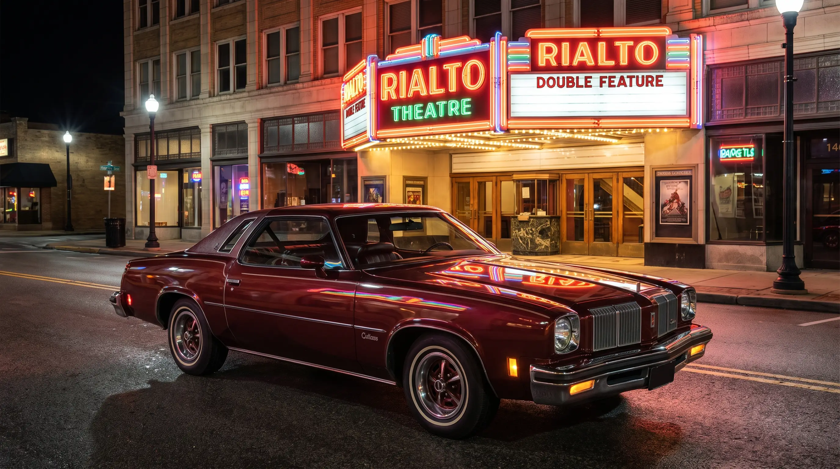 1970s Oldsmobile Cutlass Supreme parked outside a lit movie theater marquee at night