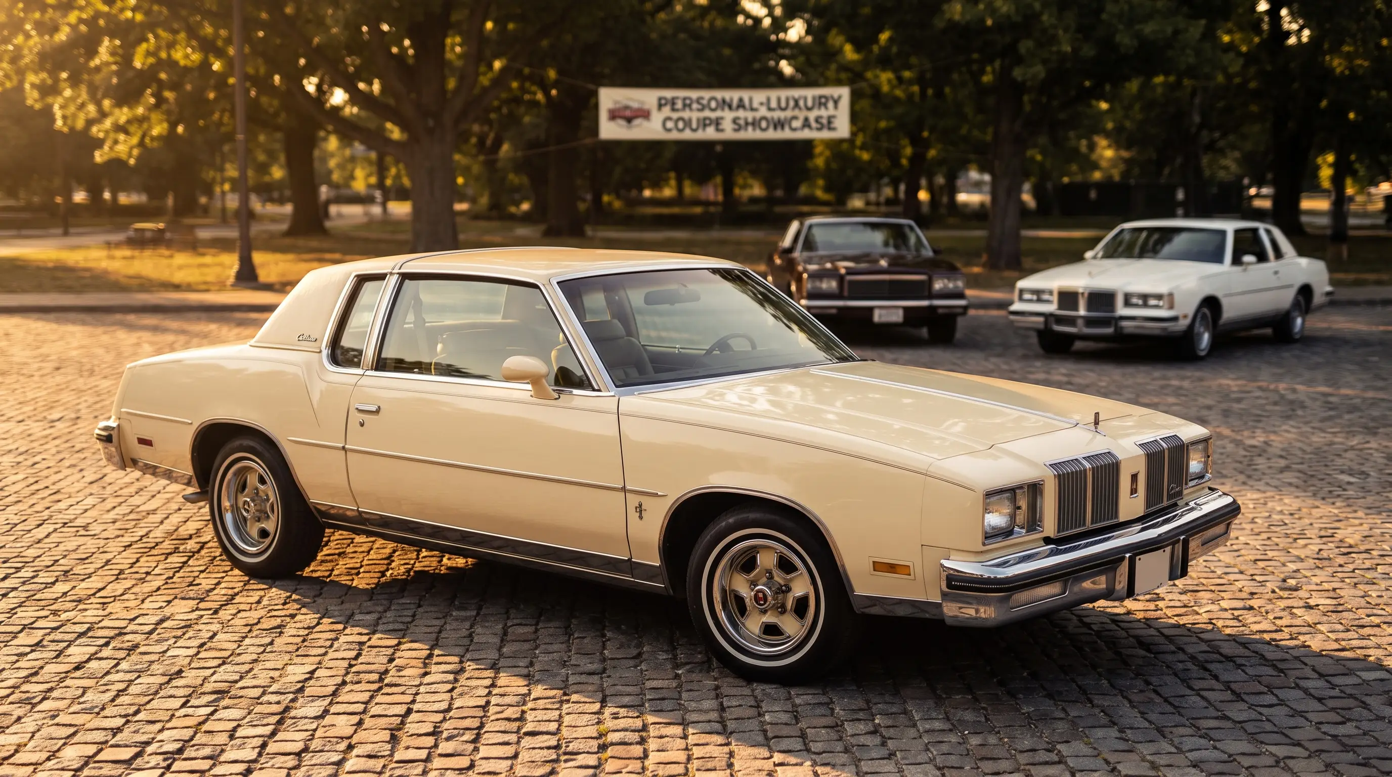 Cream 1978 Cutlass Supreme with Monte Carlo and Grand Prix silhouettes blurred behind